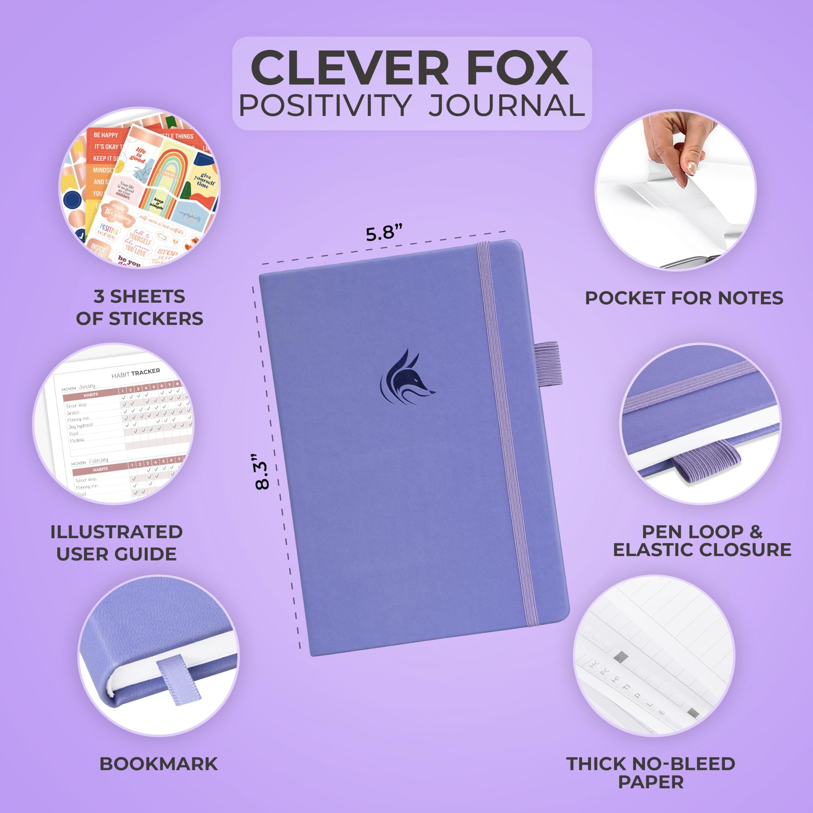 Clever Fox Positivity Daily Gratitude & A5 (5.8″ x 8.3″), Lavender