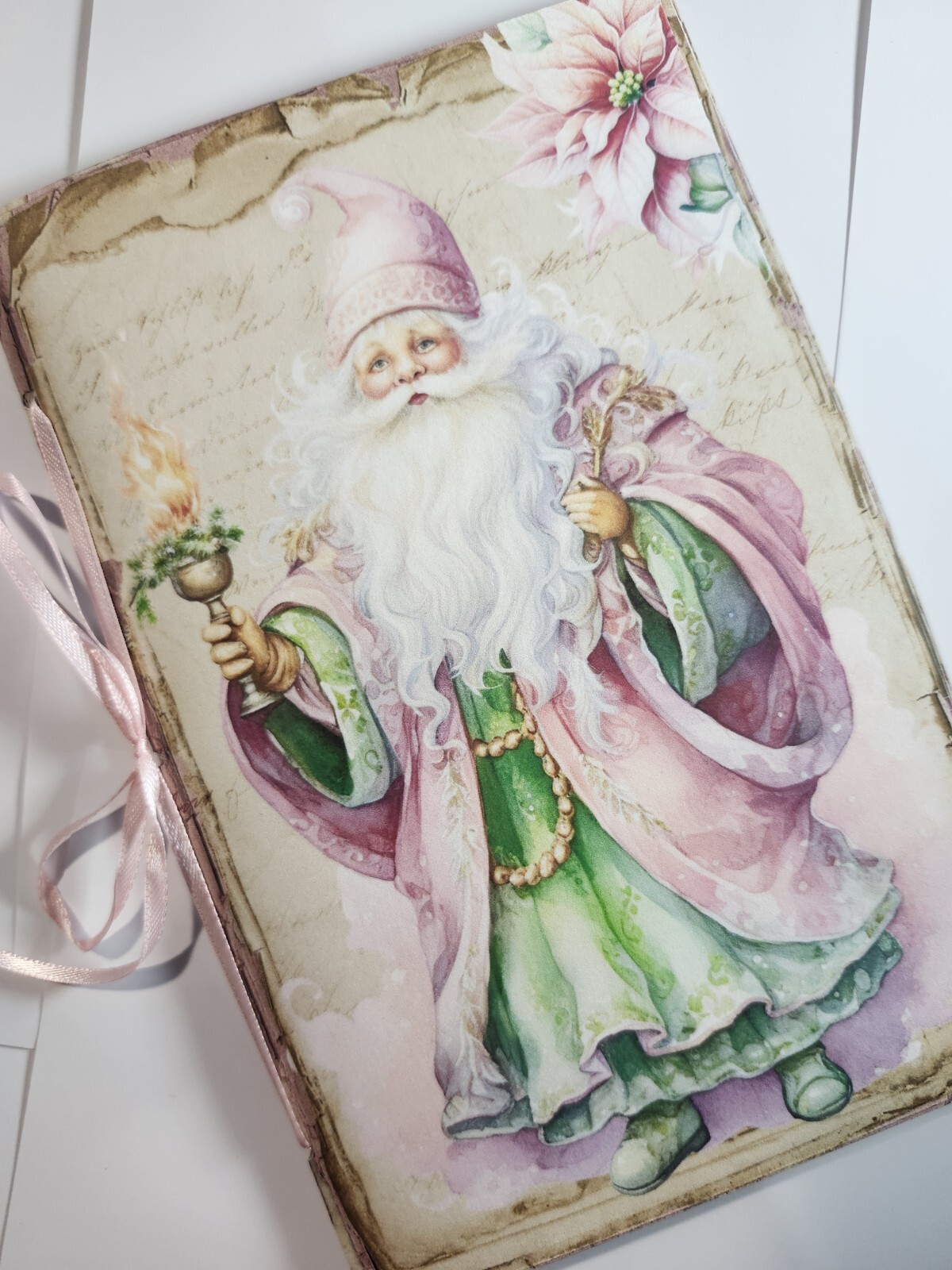 Junk Journal Blank Booklet “PASTEL CHRISTMAS”Pink Holiday LG 8.5″x5.5” 40pgs