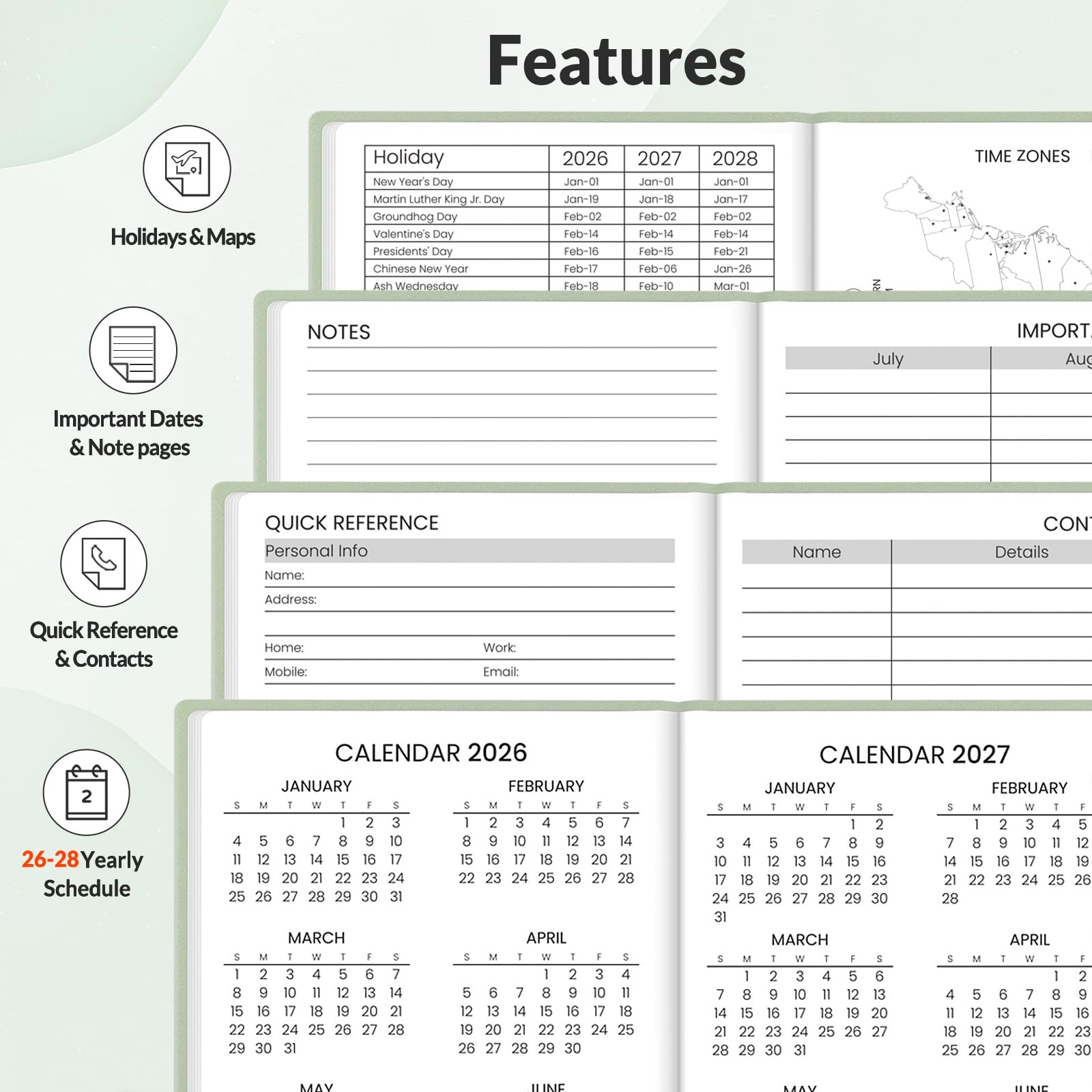 SUNEE 2026-2027 Pocket Weekly Planner for Purse 3.5″ x 6″ 3.5″x6″, Sage Green
