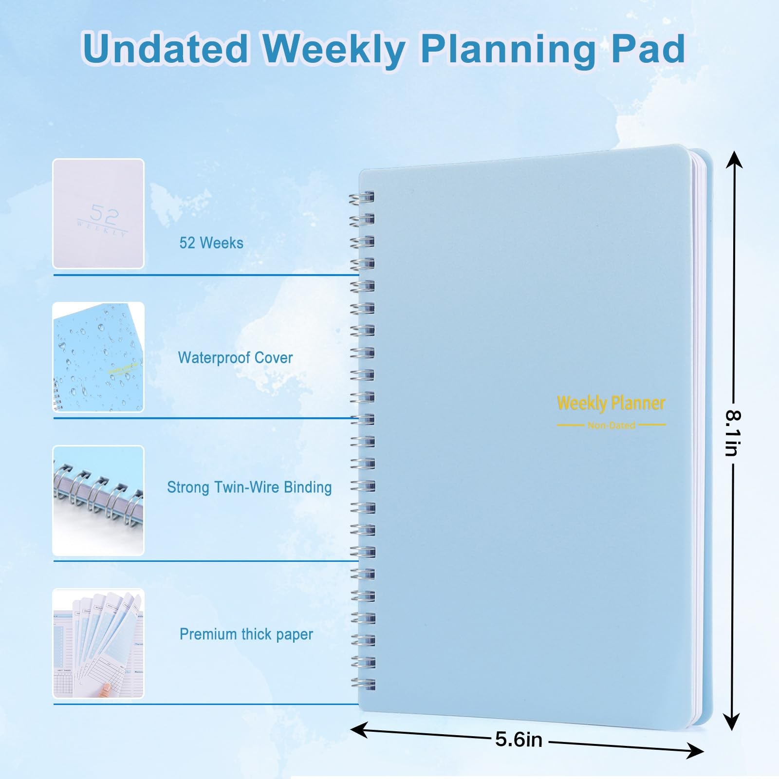 Undated Weekly Planner with Goal & Habit Tracker Notebook, Small Light Blue