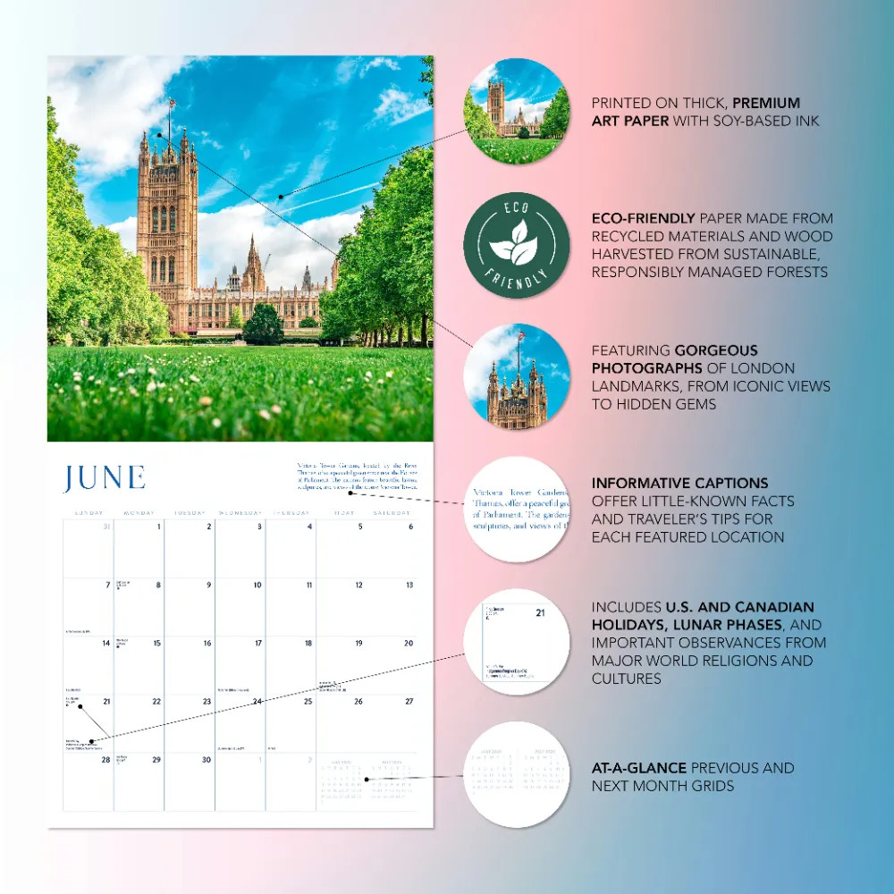 London Calendar 2026 | 12″ x 24″ 12 Month Calendar | Marble City Press