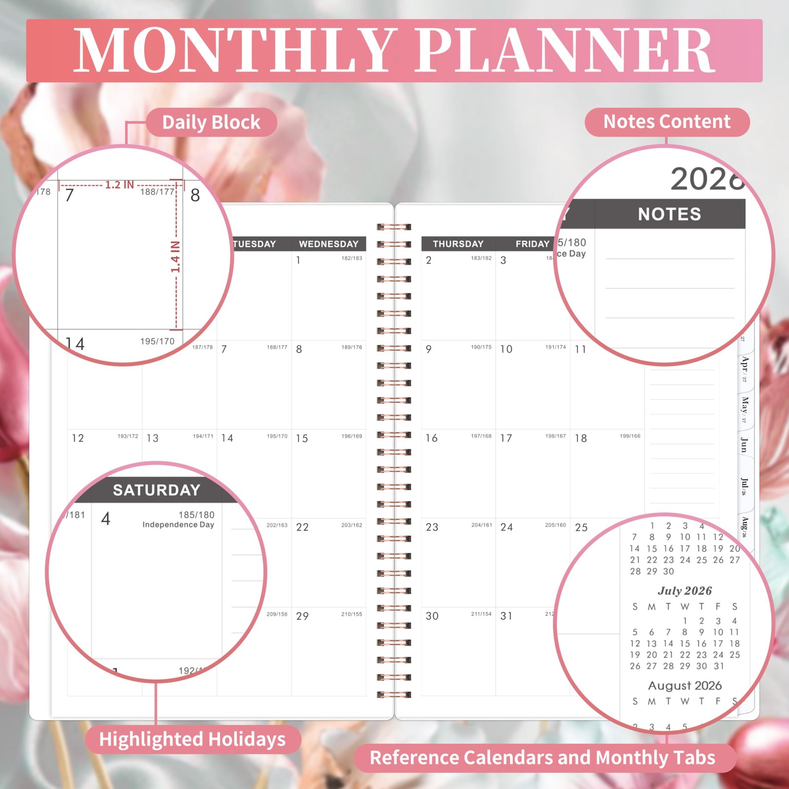 5-Year Monthly Planner 2026-2030, Spiral Bound with Tabs, 6.4″ x 8.5″, Pink