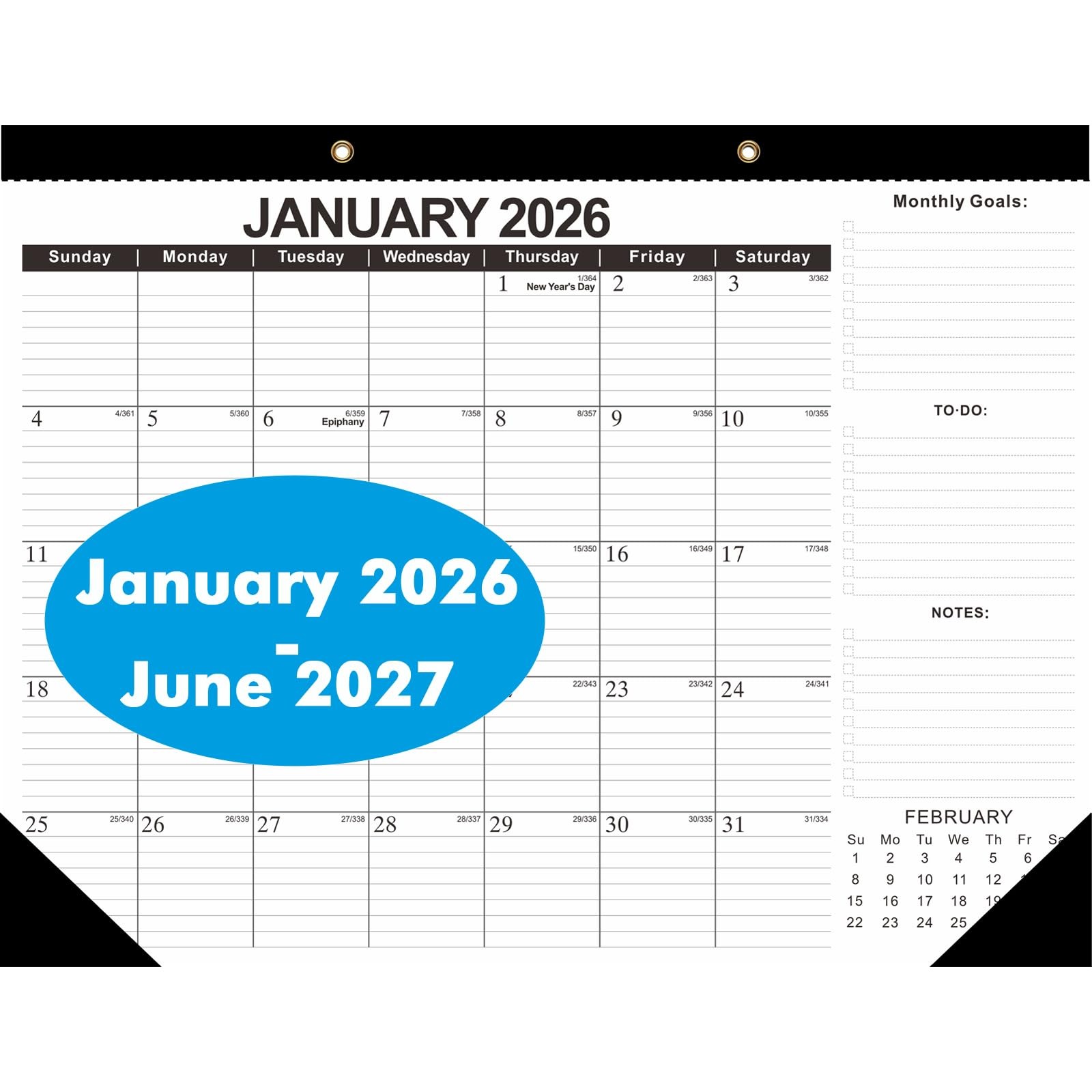 2026 Calendar Desk Calendars 2026-2027 Wall 17″x12″Jan.2026-Jun.2027, Black
