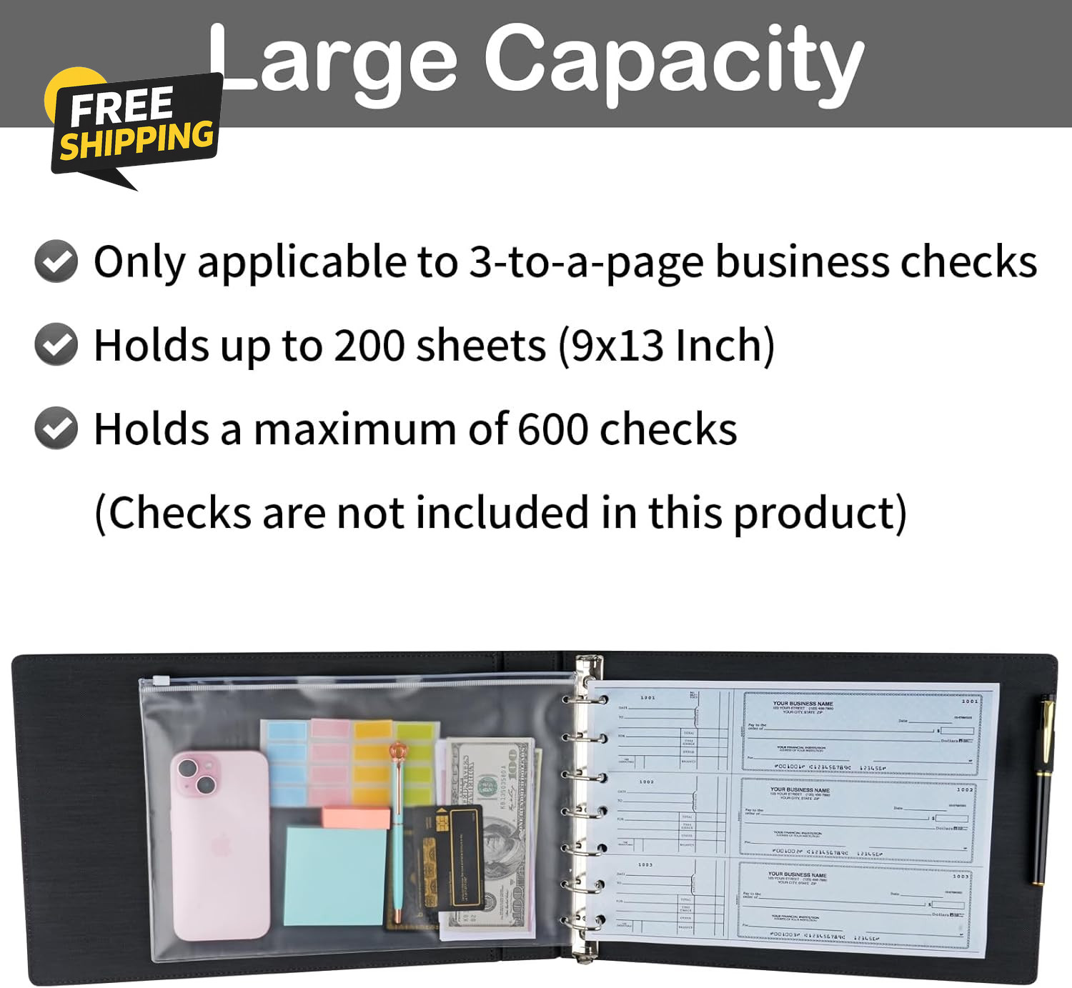 Professional 7 Ring Business Checkbook Binder Premium PU Leather Organizer for 3