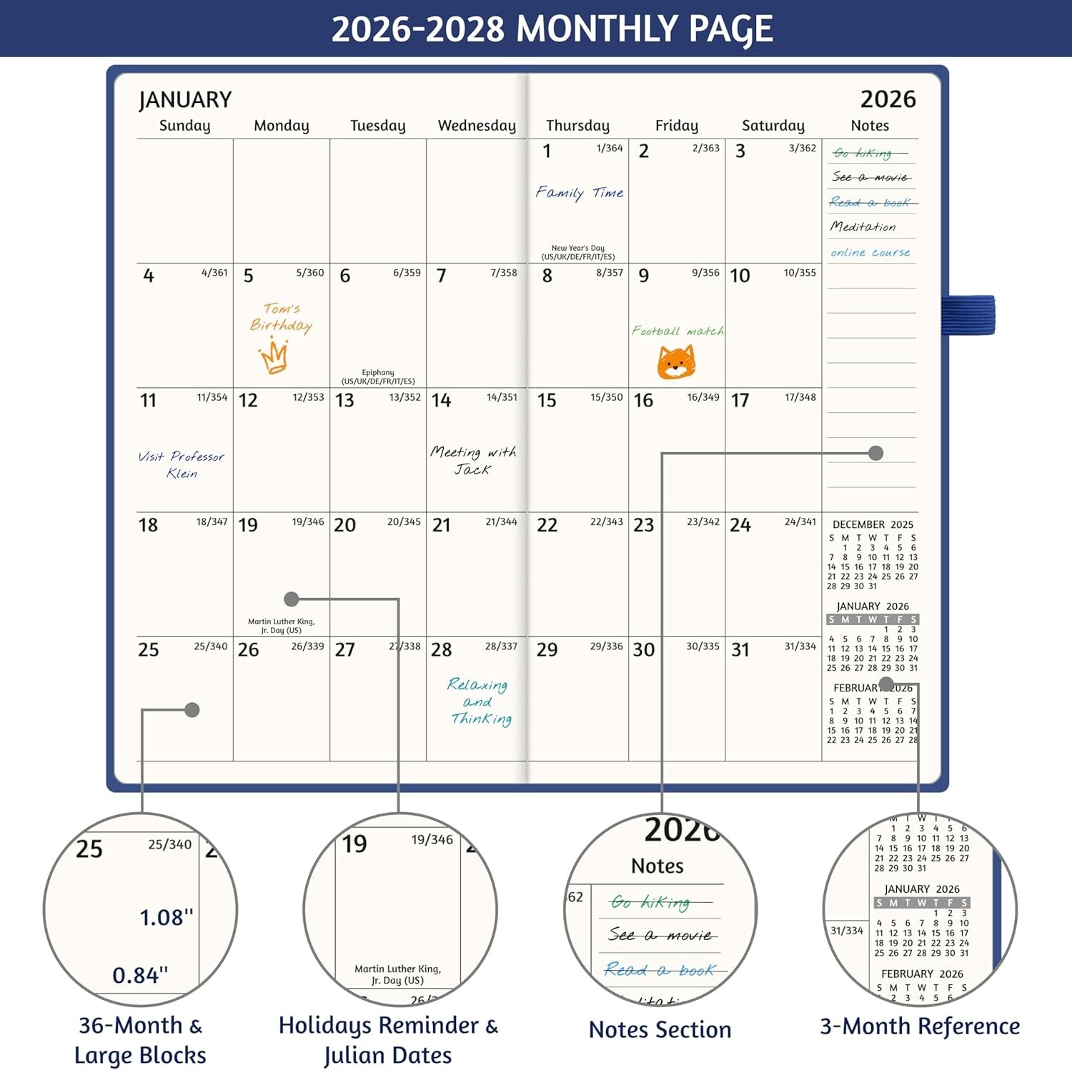 2026-2028 Pocket Monthly Planner, 3 Year Calendar 2026-2028, 6.2’’ x 3.6’