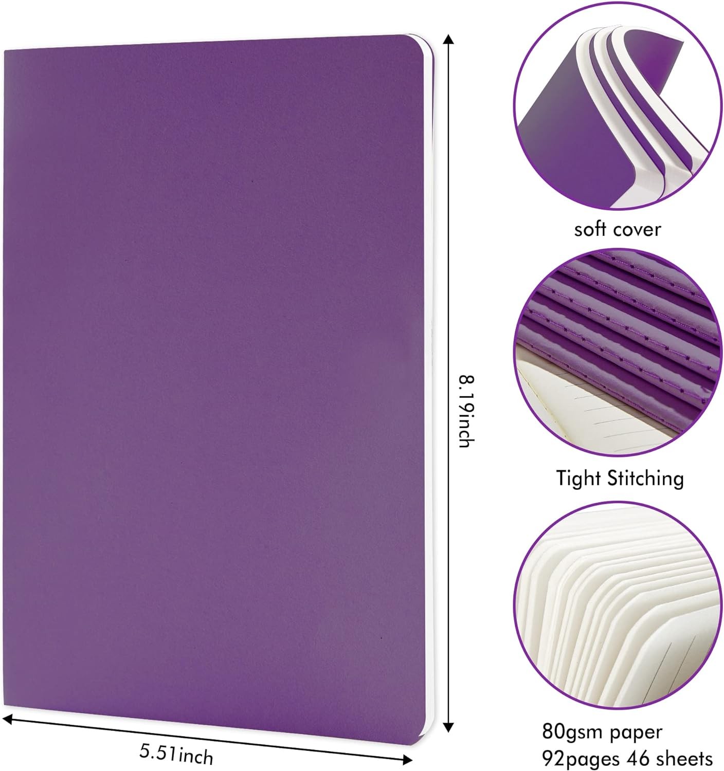 feela 8 Pack Soft Cover Journal Bulk, Notebooks College Ruled 8 Dark Purple
