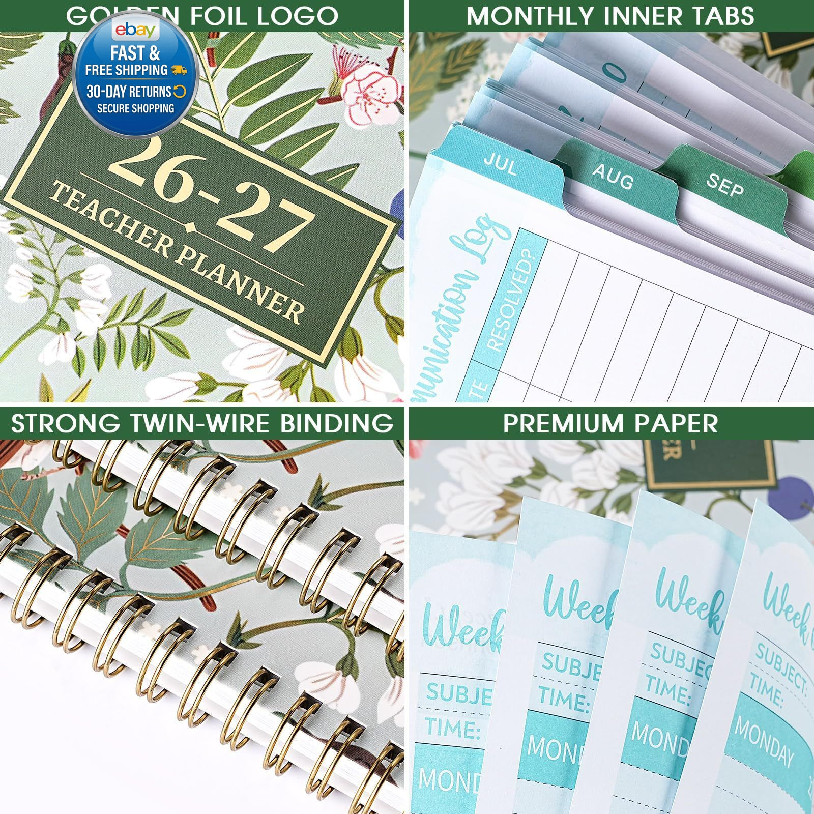 Teacher Planner 2026-2027 – Lesson 9″x11″, Green & Floral