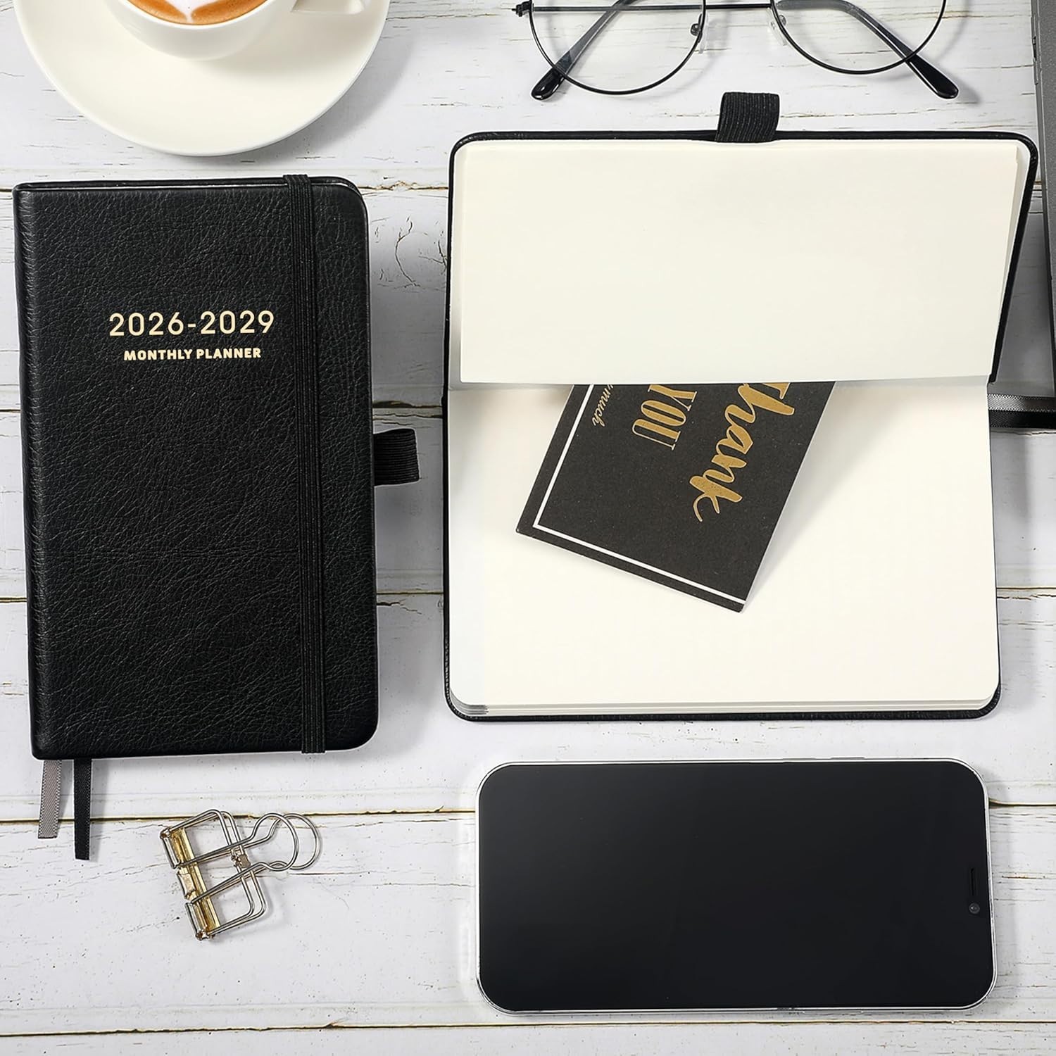Portable 2026-2029 Monthly Pocket Calendar – Black Leather with Elastic Closure