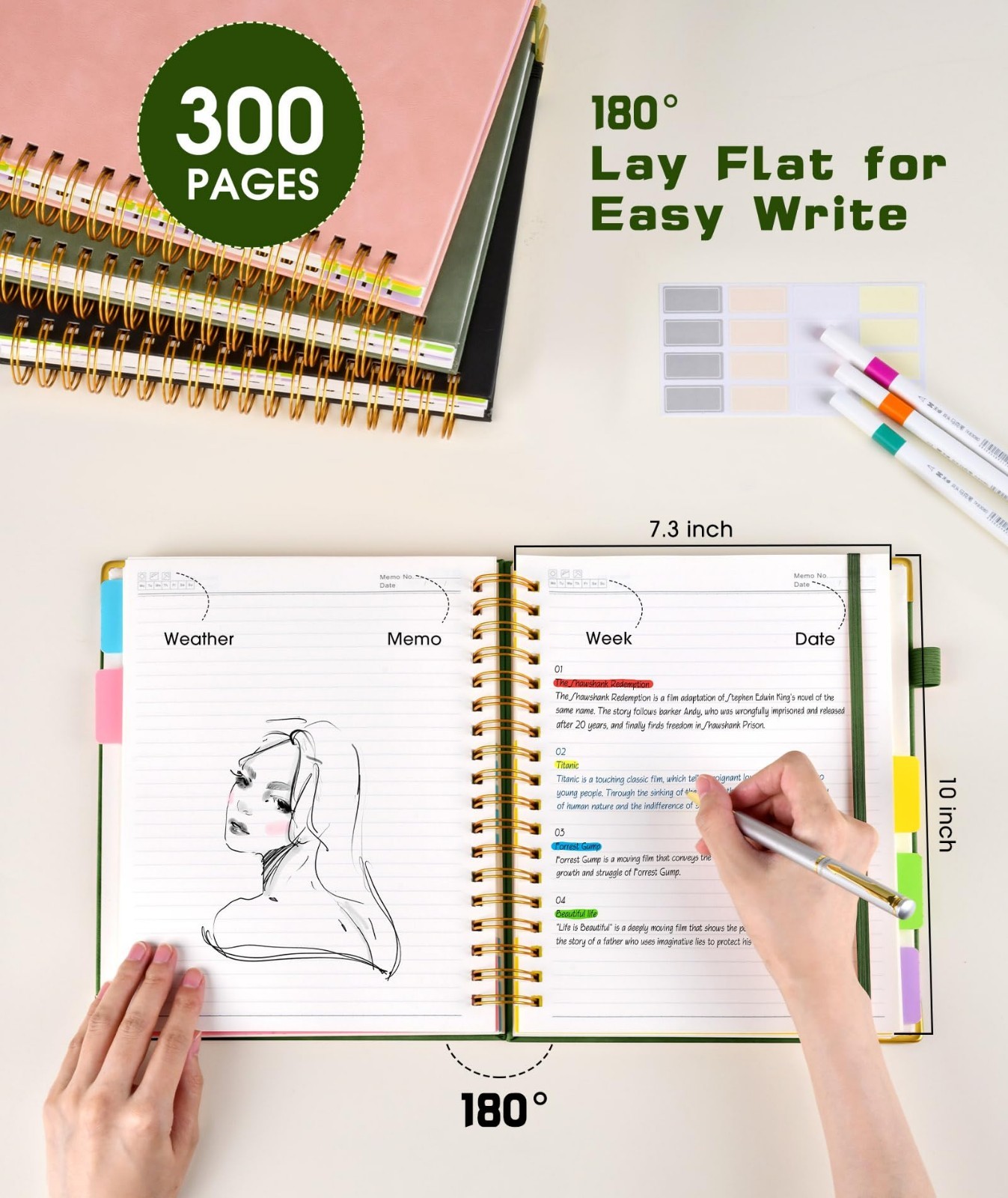 Large 5-Subject Hardcover Spiral Notebook with Removable Dividers, 300 Pages, Co