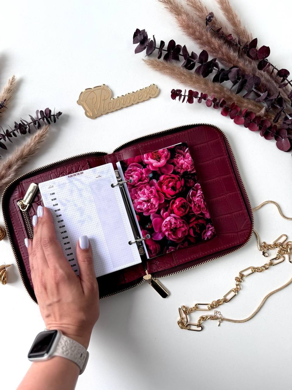 Luxurious Burgundy Genuine Leather A7 Pocket Planner – Golden Leopard Edition