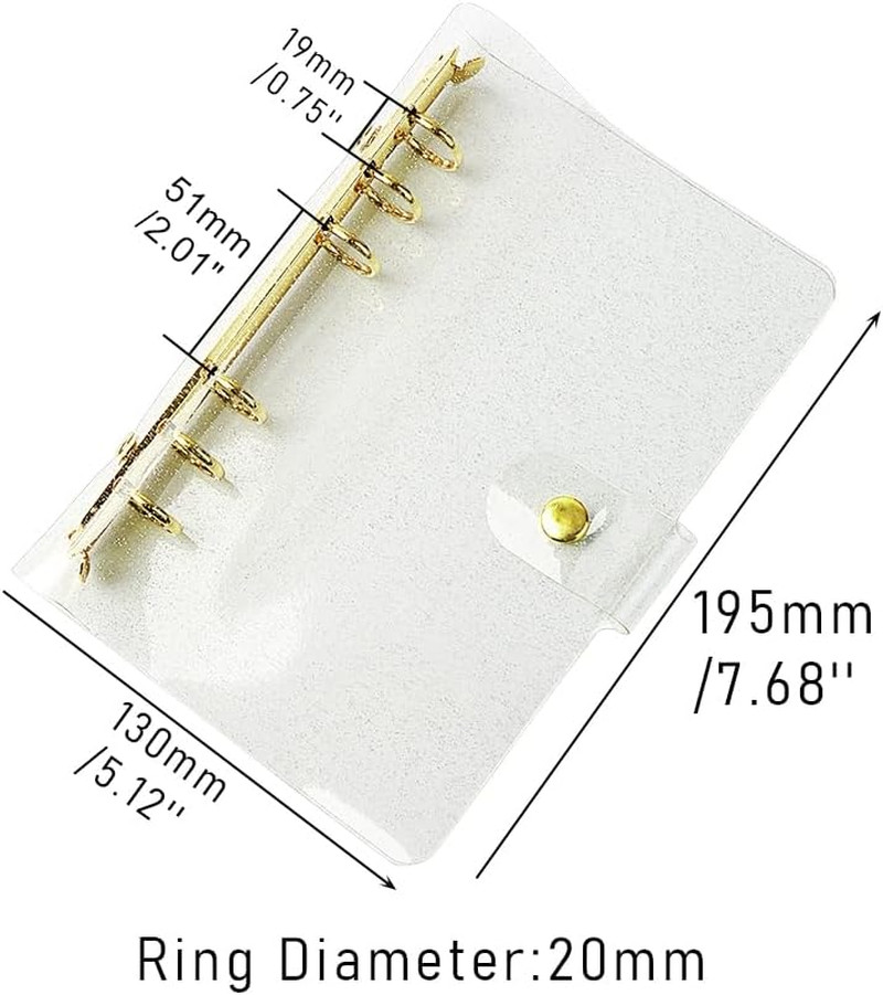 A6 6-Ring Glitter PVC Binder Planner Cover Gold Rings Loose Leaf Notebook Bin…