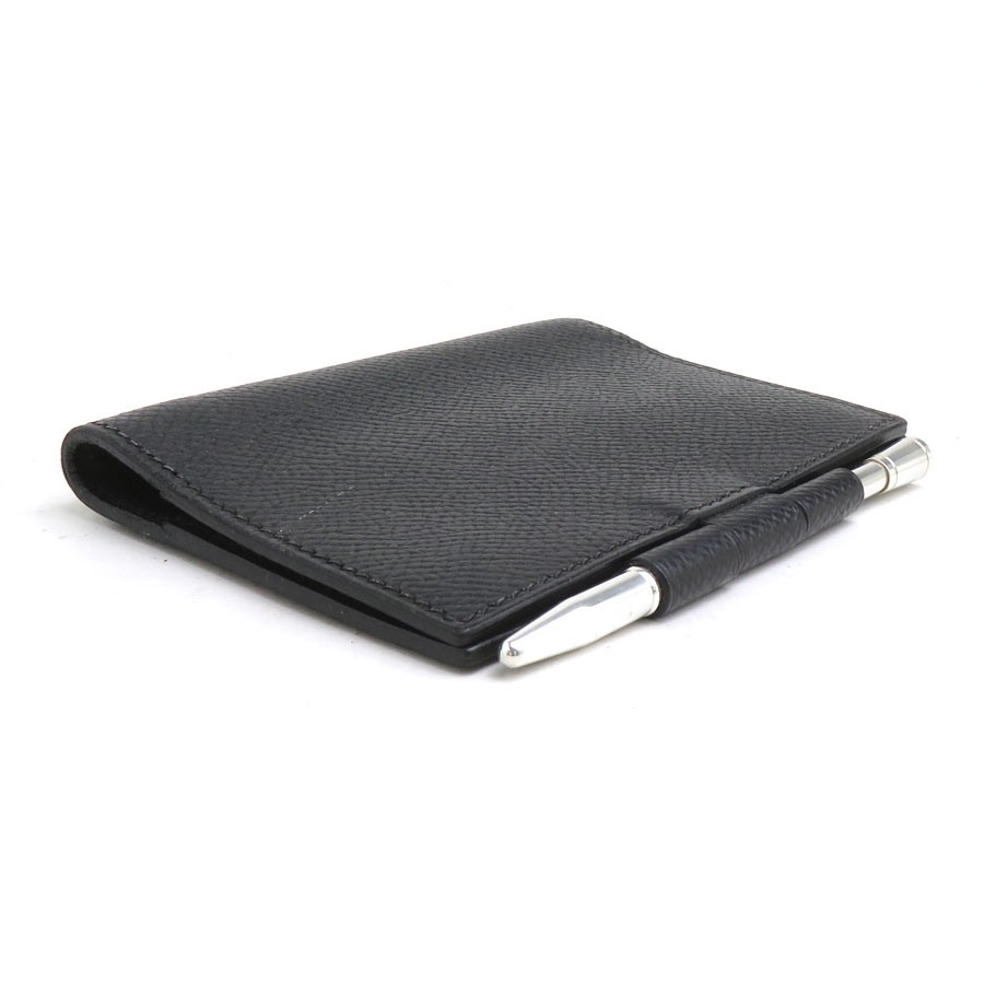 Auth HERMES Agenda/Note Cover Ballpoint Pen Set Black/Silver Leather/925 e61942a