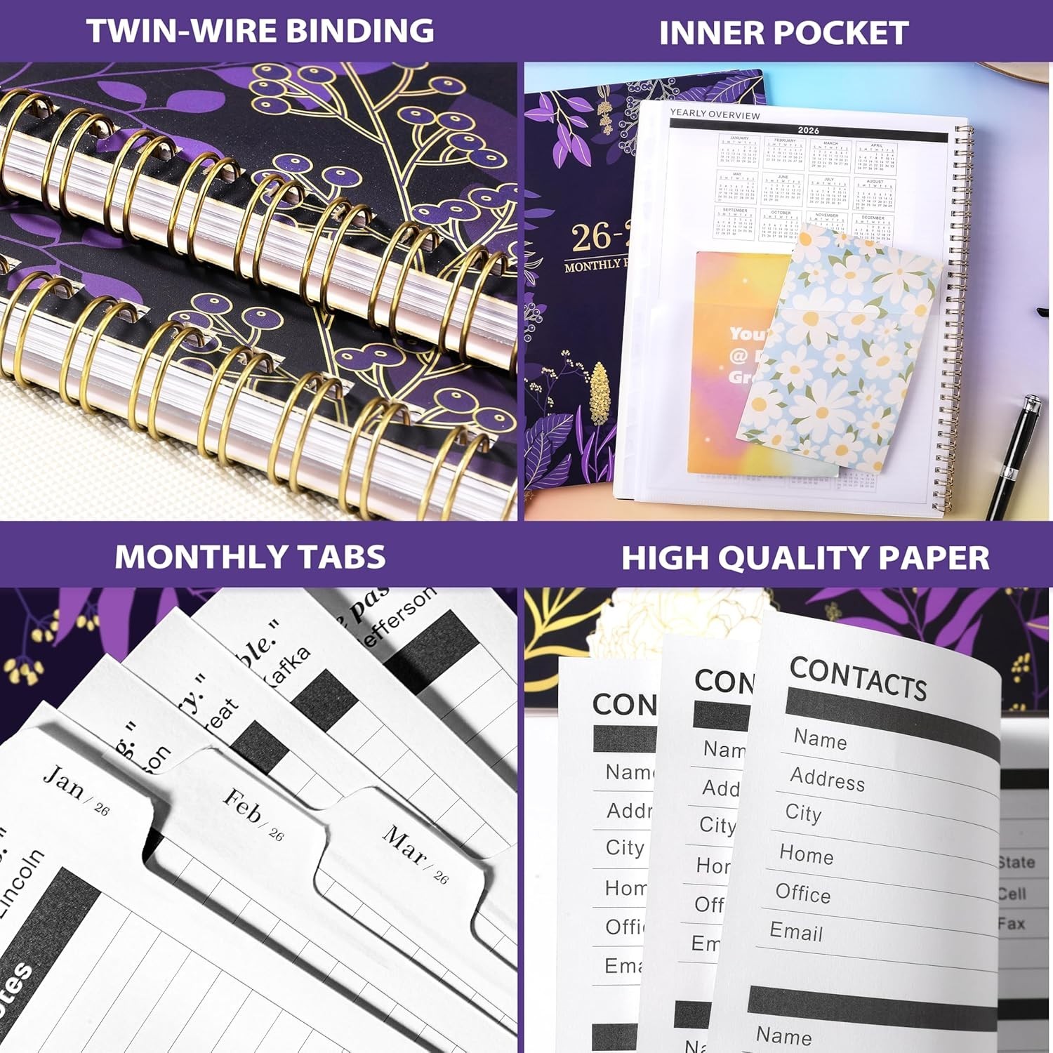 2026-2027 Monthly Planner with Twin-Wire Binding | Elegant Purple Design