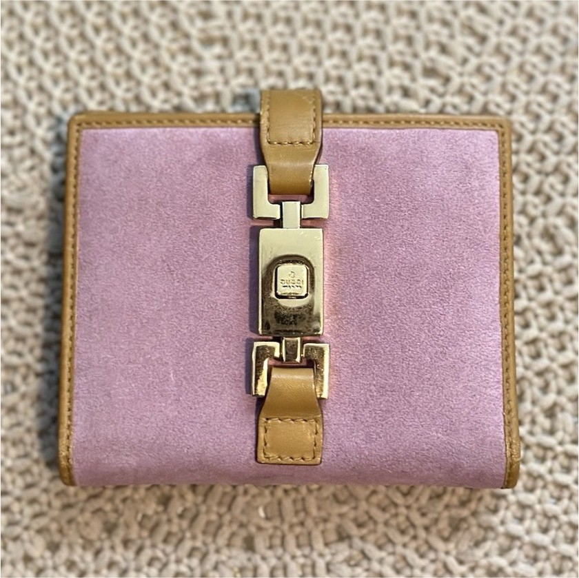Authentic Pink Gucci Suede Agenda with Gold Hardware and Tan Leather Trim