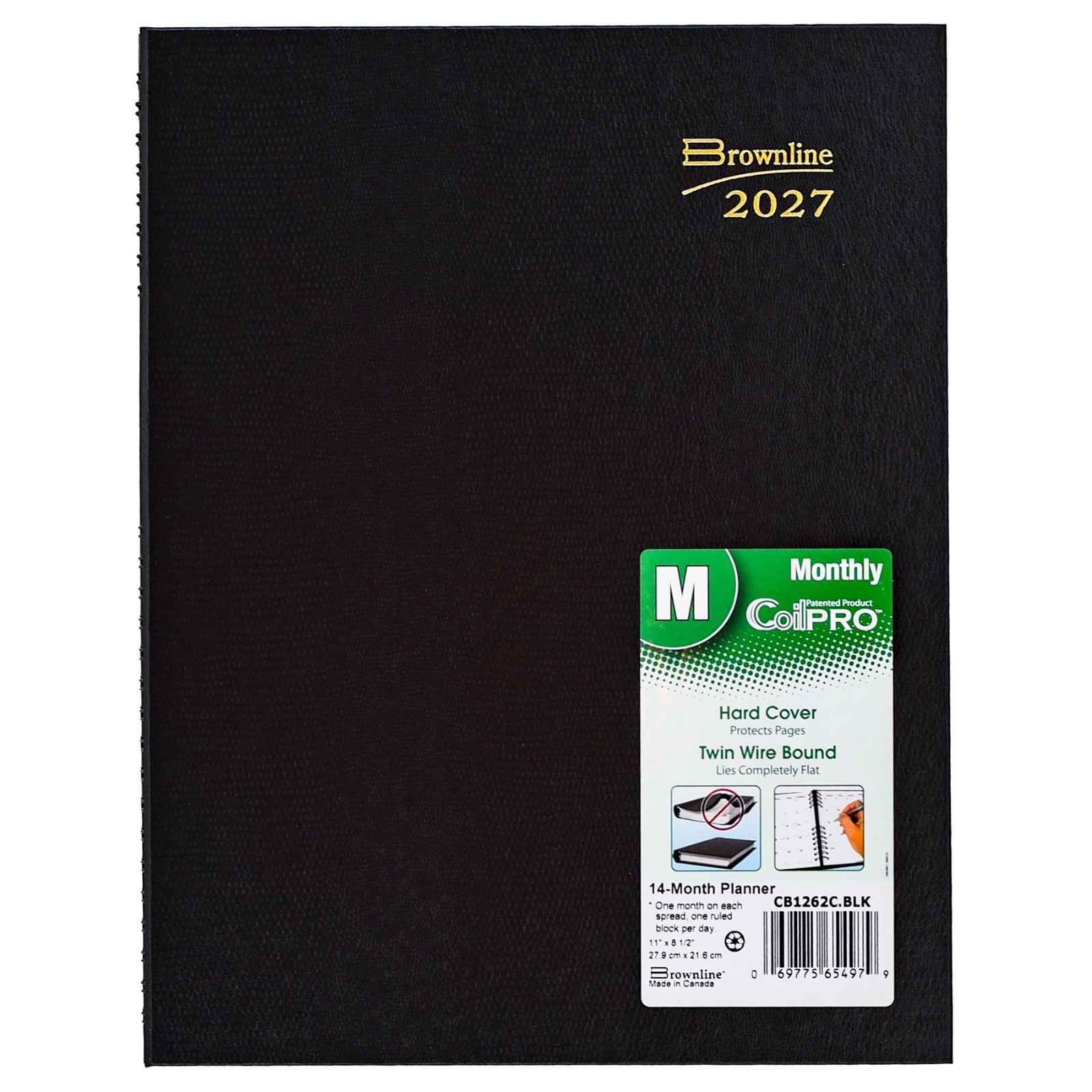 Brownline 2027 CB1262C.BLK Monthly Planner, CoilPRO, Hard Cover, 8-1/2 x 11″