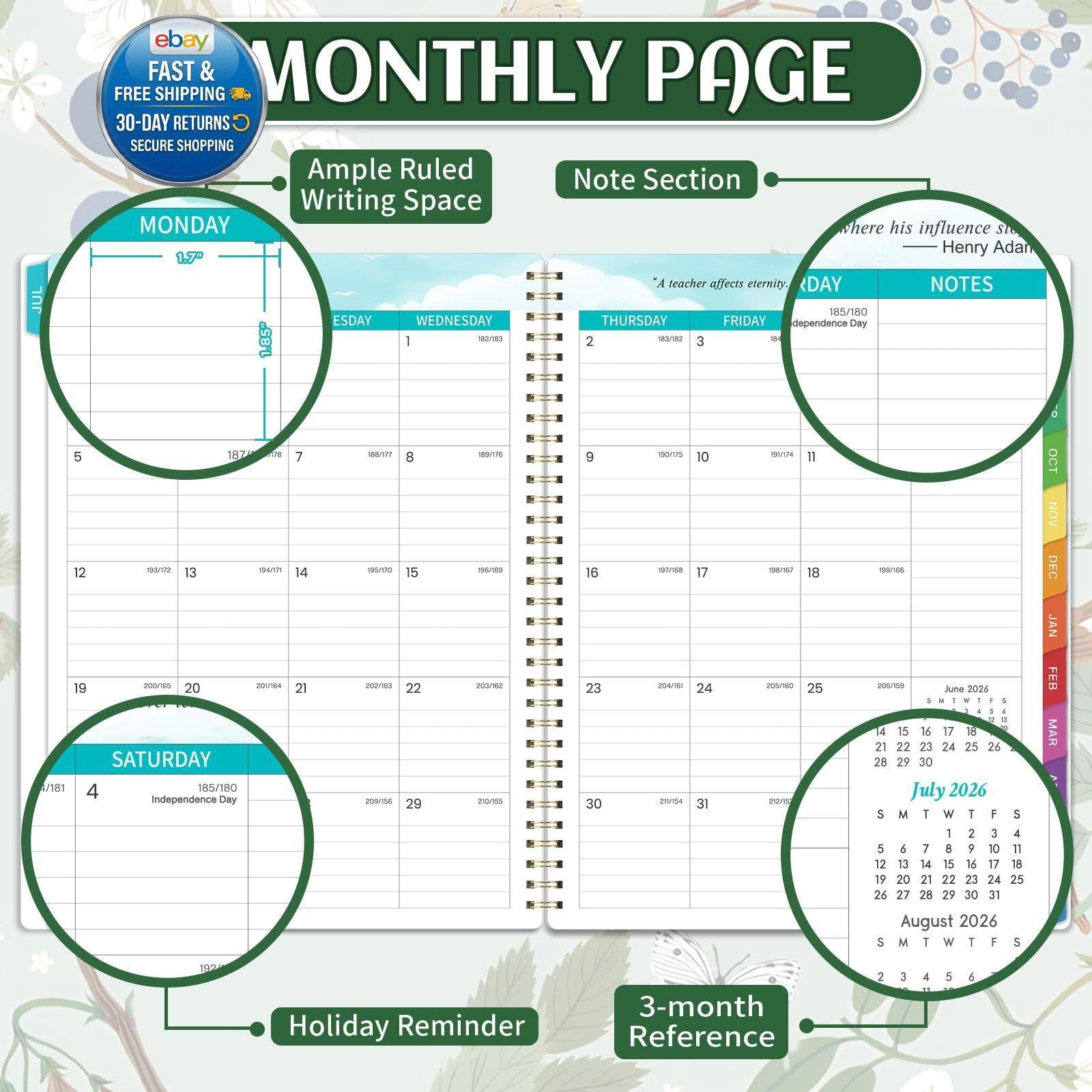 Teacher Planner 2026-2027 – Lesson 9″x11″, Green & Floral