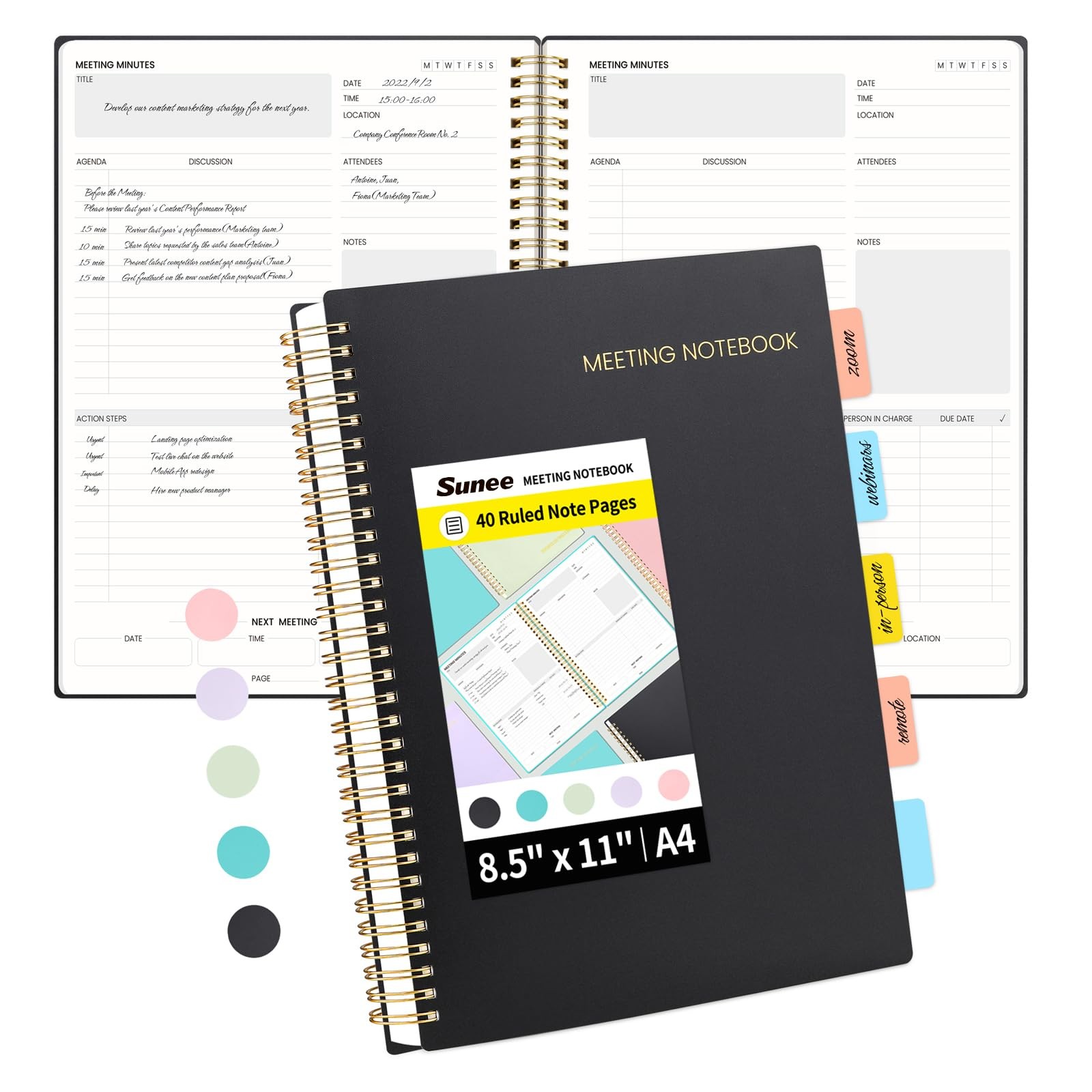 SUNEE Meeting Notebook for Work with Sticky Tabs – 160 Pages, 8.5″x11″, Black
