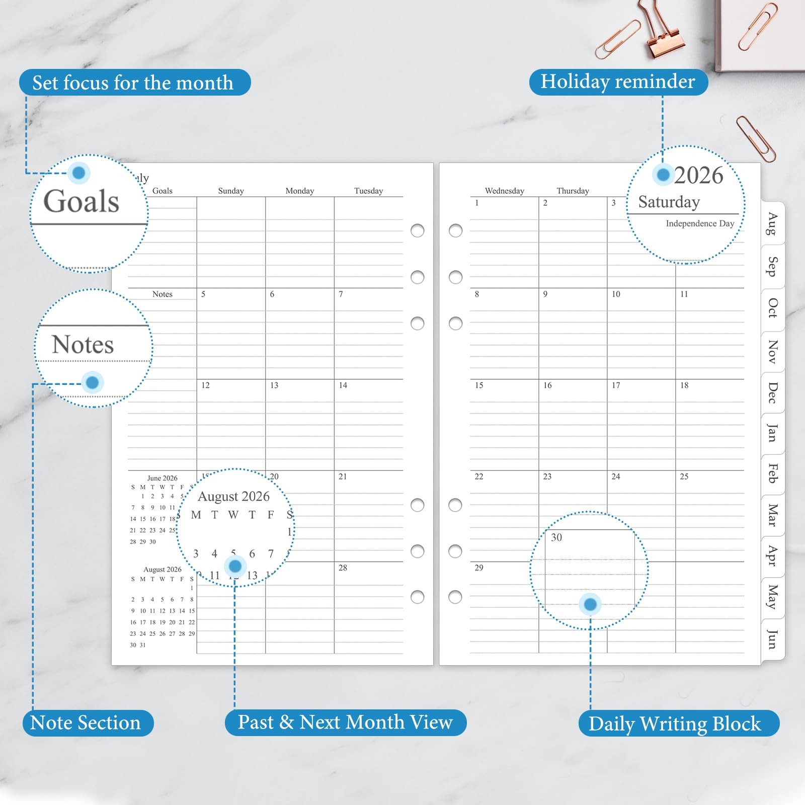 2026-2027 Monthly Planner Refill, A5 Medium Planner Inserts for 6 Holes, 5.5″…