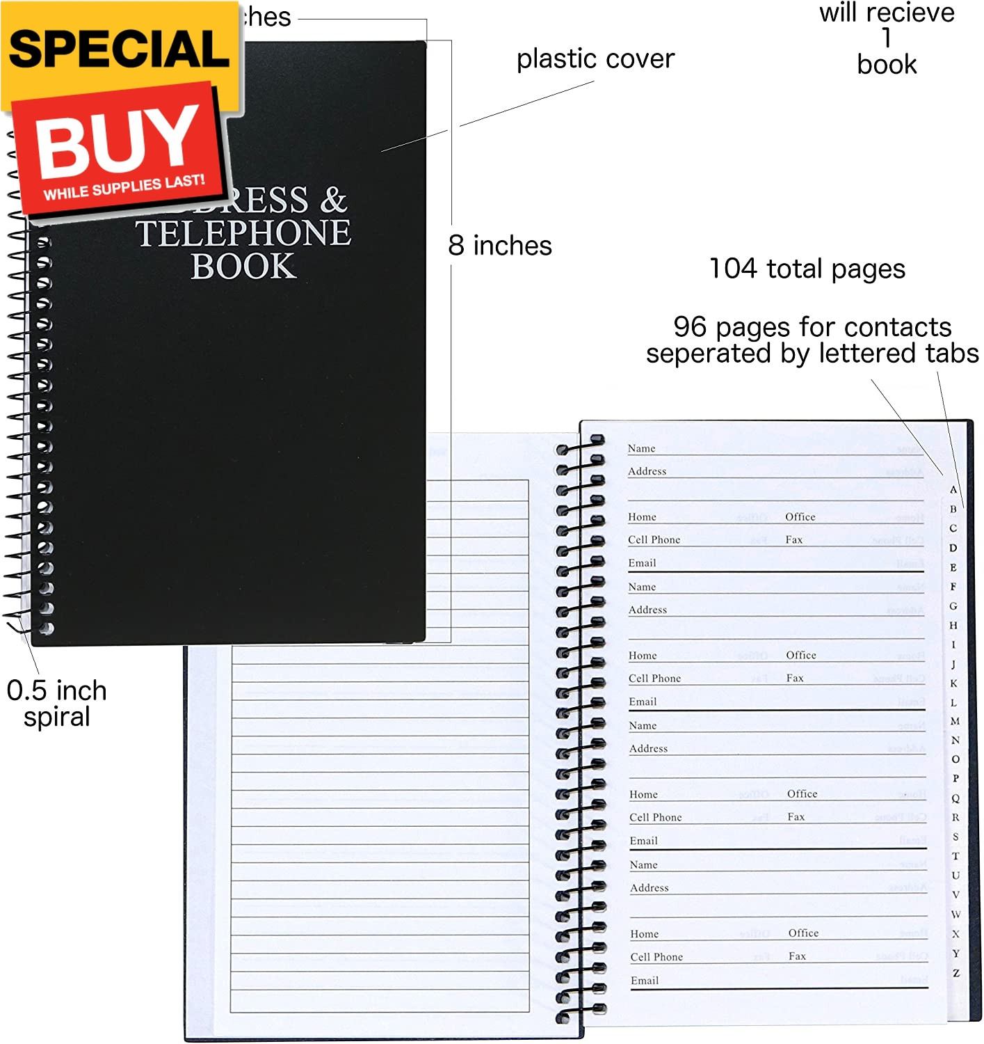 Address and Telephone Book, Black, 8 x 5 inches for Organizing Names, Addresses,