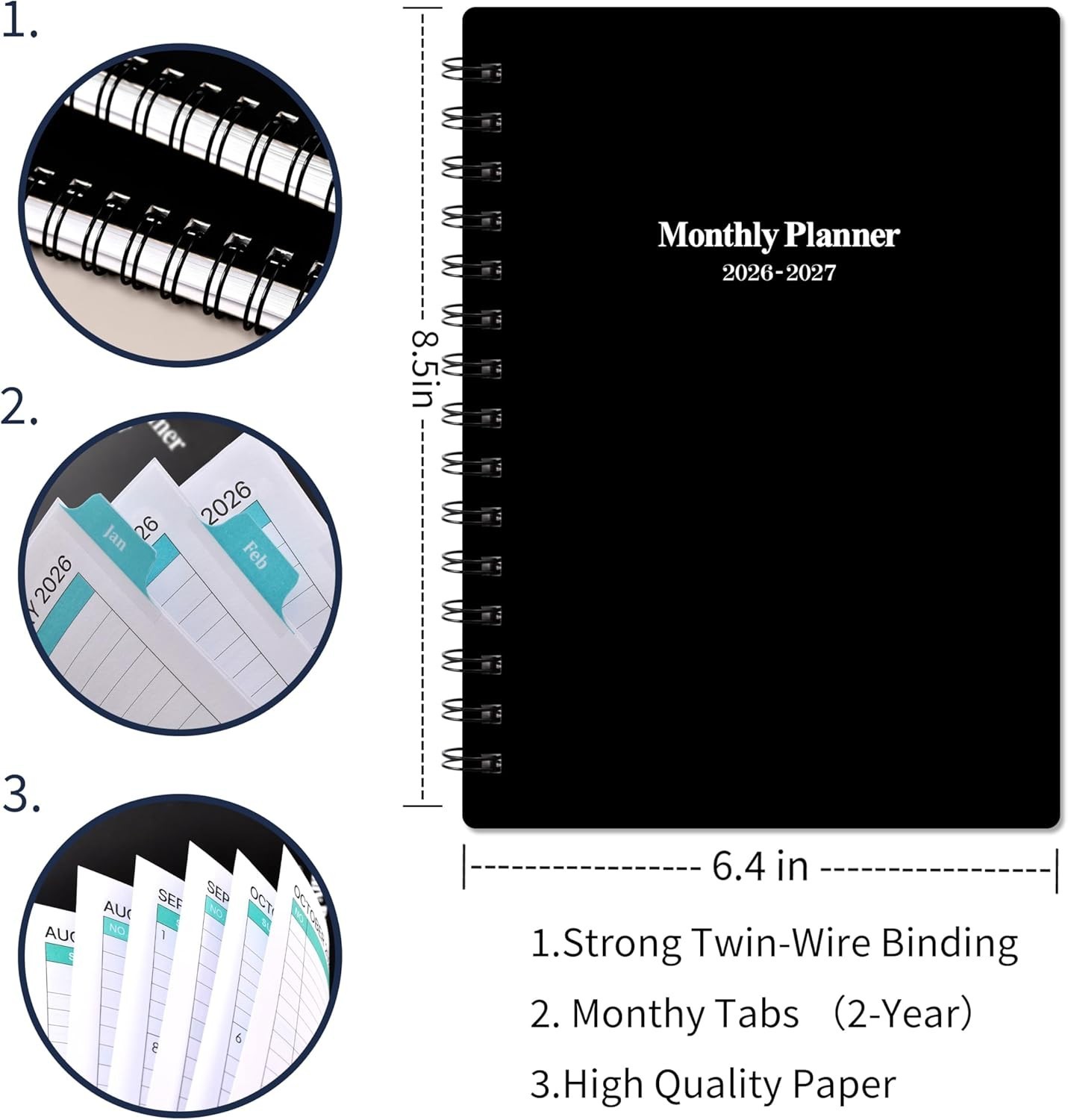 Classic Black 2026-2027 Monthly Planner – 2 Agenda with Twin-Wire Binding