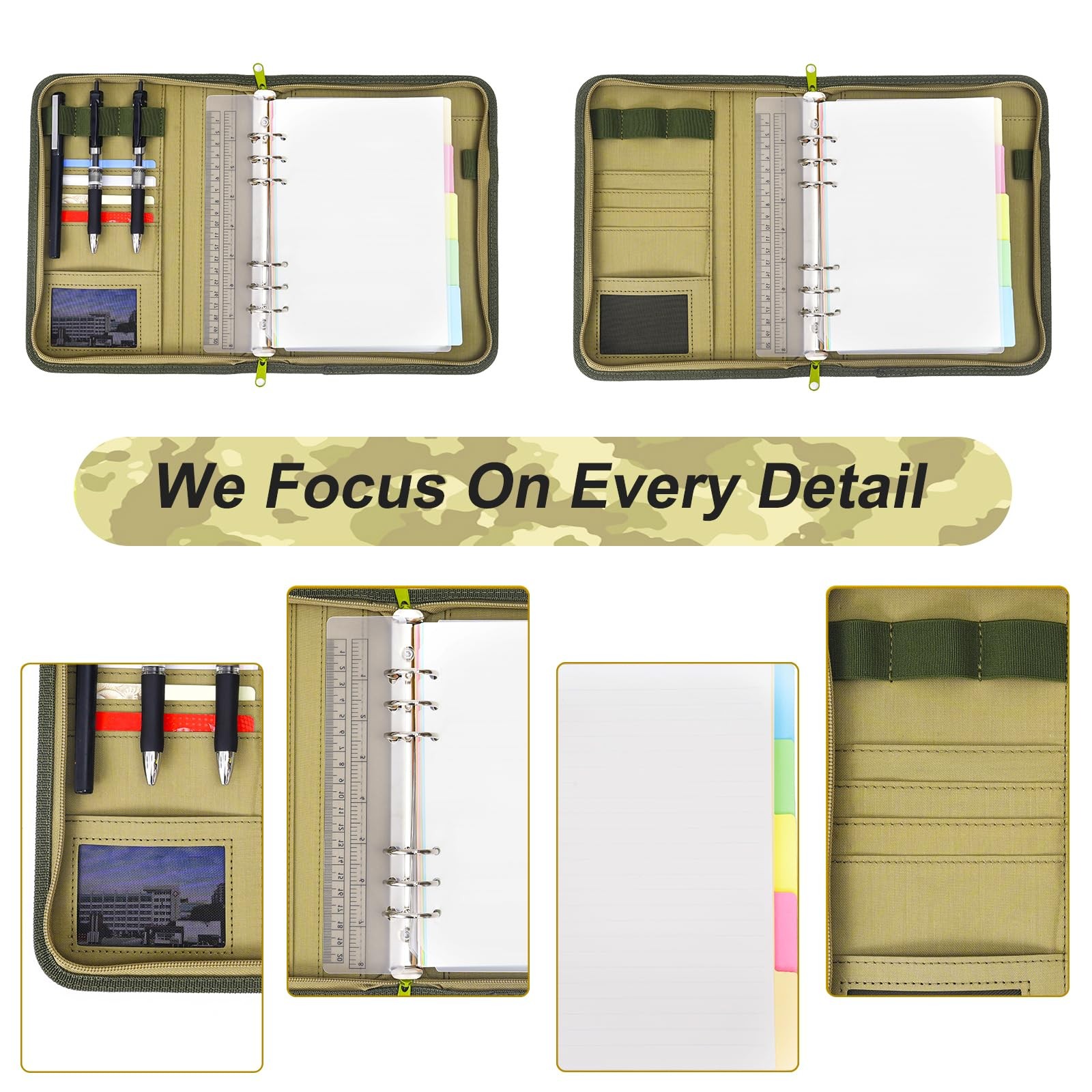 Army Military Padfolio Ring Binder with Zippered Portfolio A5(Multi), Camo