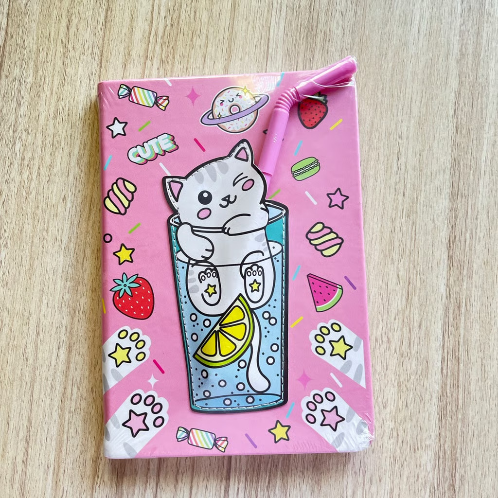 Cute Journal Notebook, Kitty, 5.3 X 7.3″ with Straw Pen NEW!