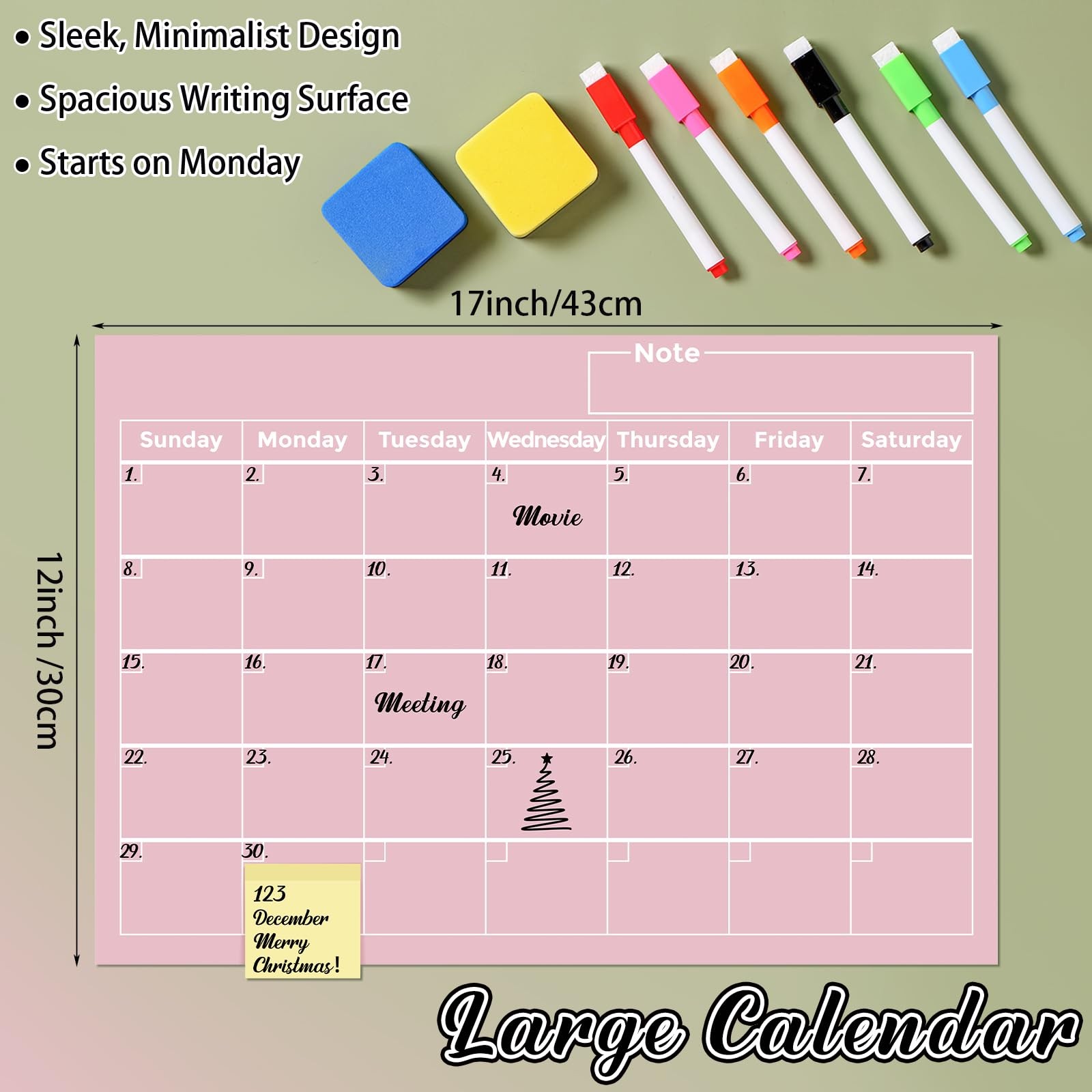 YooNotee Pink Monthly Magnetic Calendar for 12″W x 0.4″H, Mainly