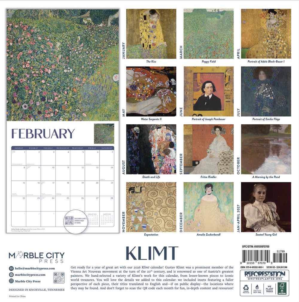 Klimt Calendar 2026 | 12″ x 24″ 12 Month Calendar | Marble City Press