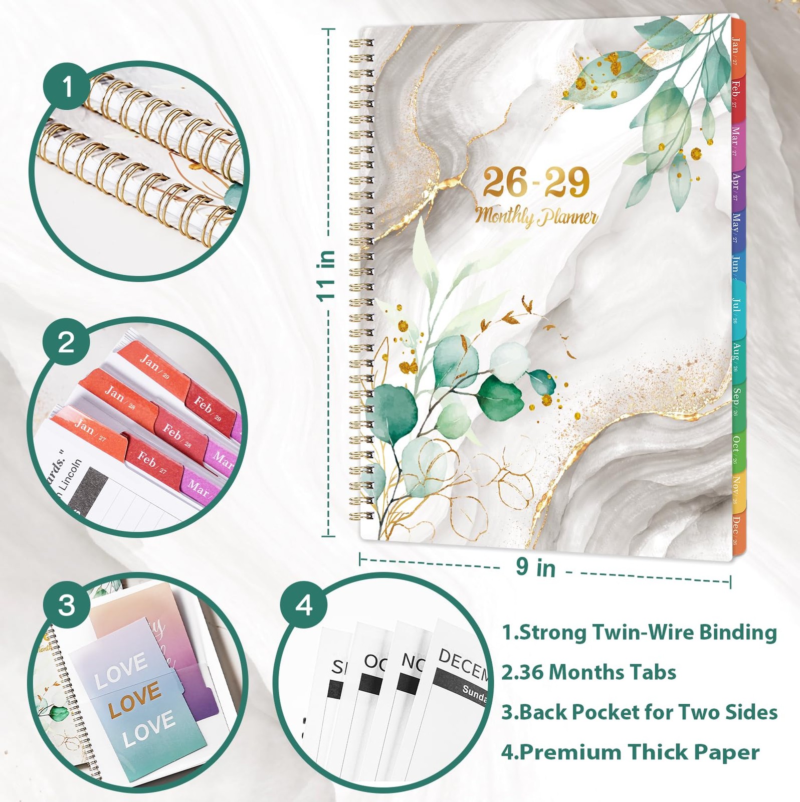 Monthly Planner 2026-2029 – 3 Year 9×11 inches, white, gold