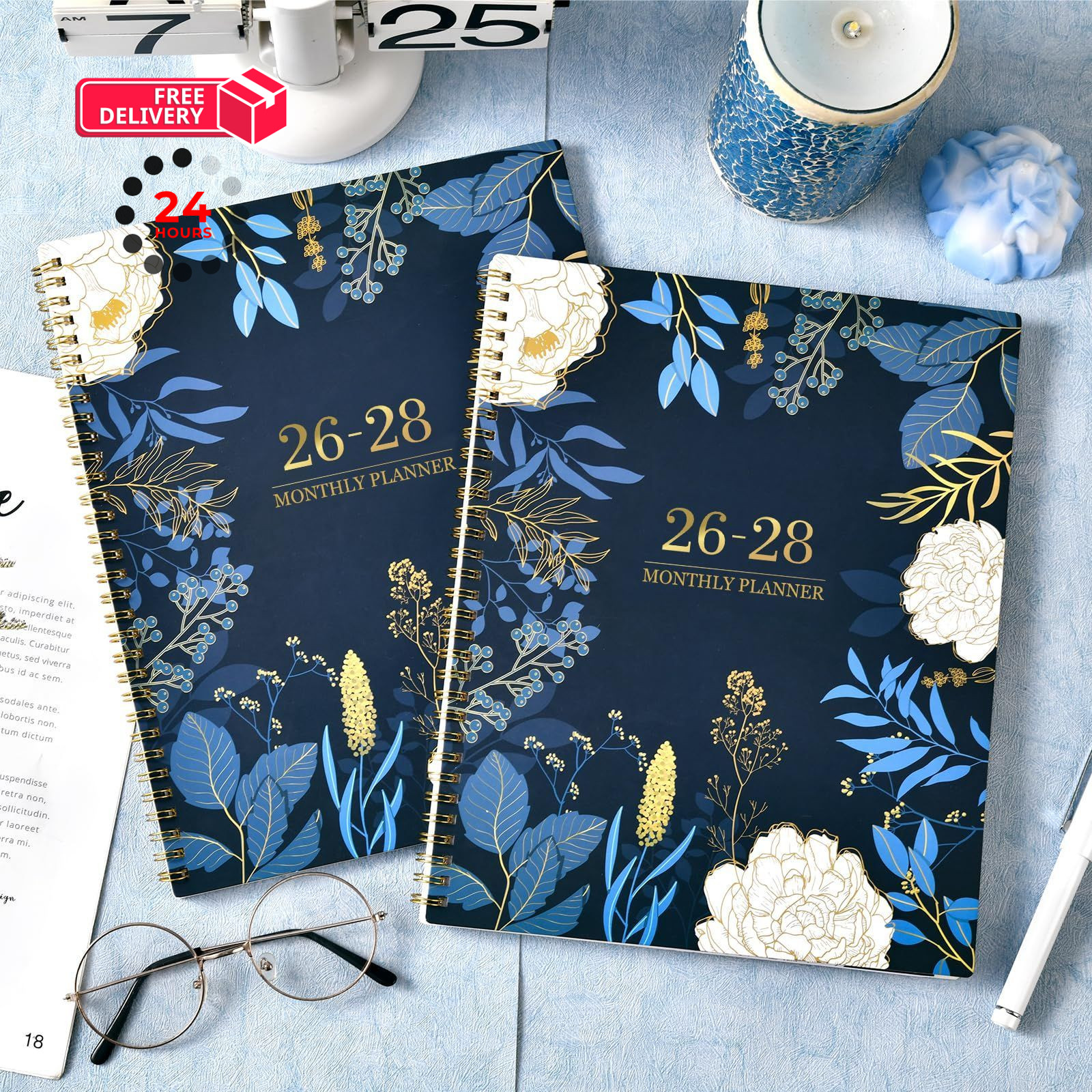 2026-2028 Monthly Planner – 2 Year Planner/Calendar 11″ x 9″, blue
