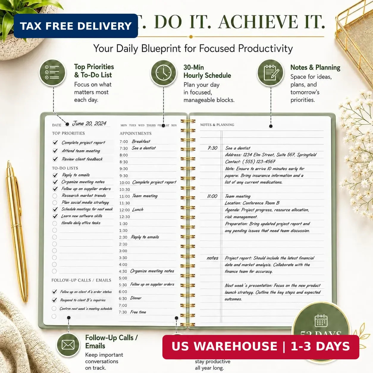 Daily Planner Undated – Simplified To Do List Notebook with Hourly Schedules, Sp