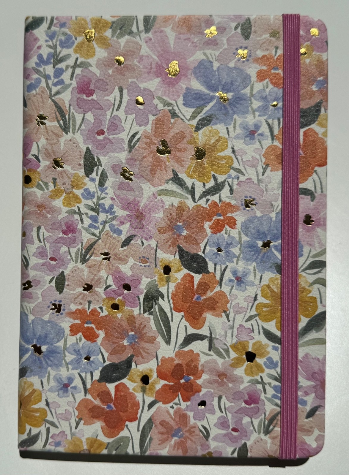 Soft Leatherette Pink Notebook Journal Golden Luminous Floral Elastic Closure