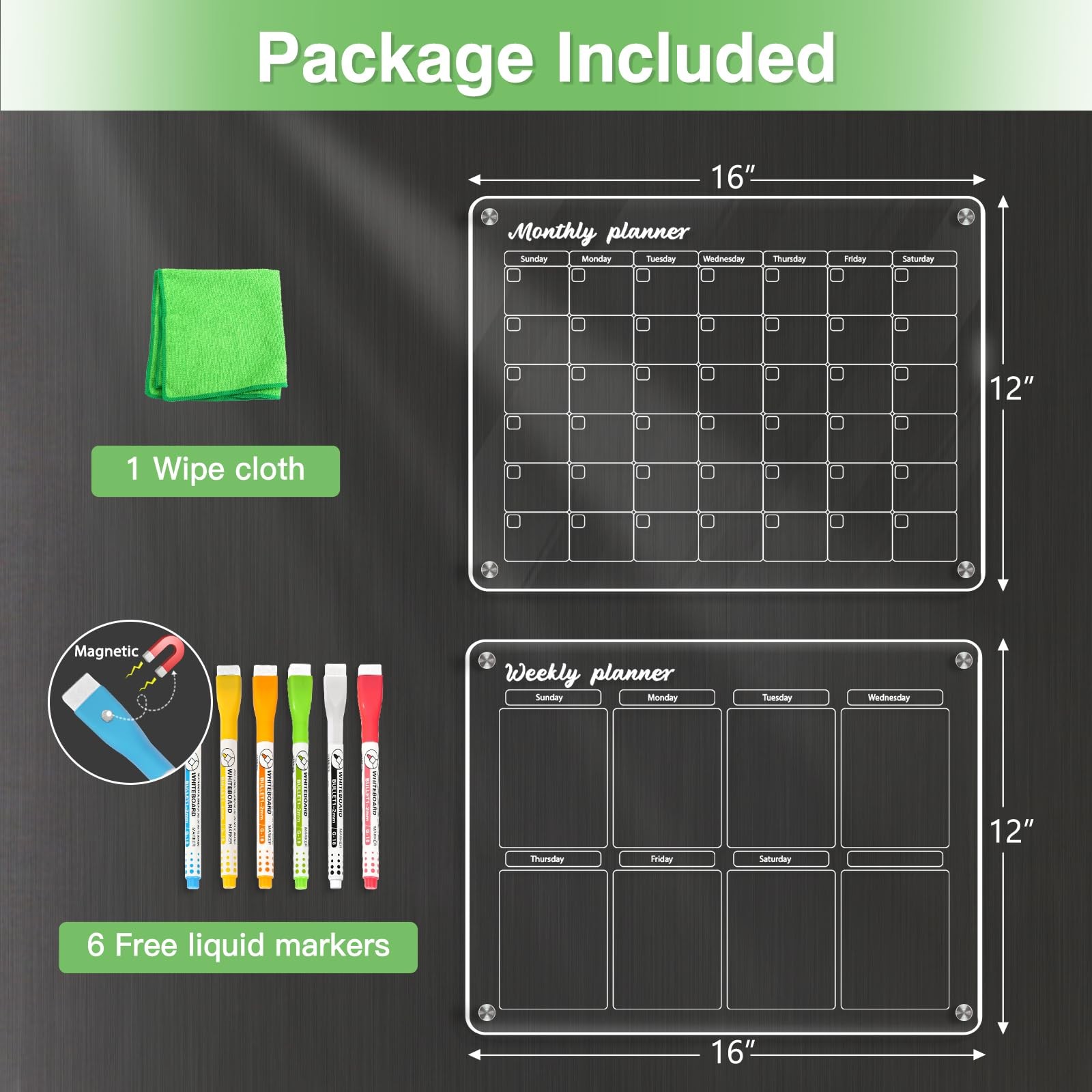 WALGLASS Acrylic Calendar for Fridge, Monthly 12″ x 16″, + Clear Set
