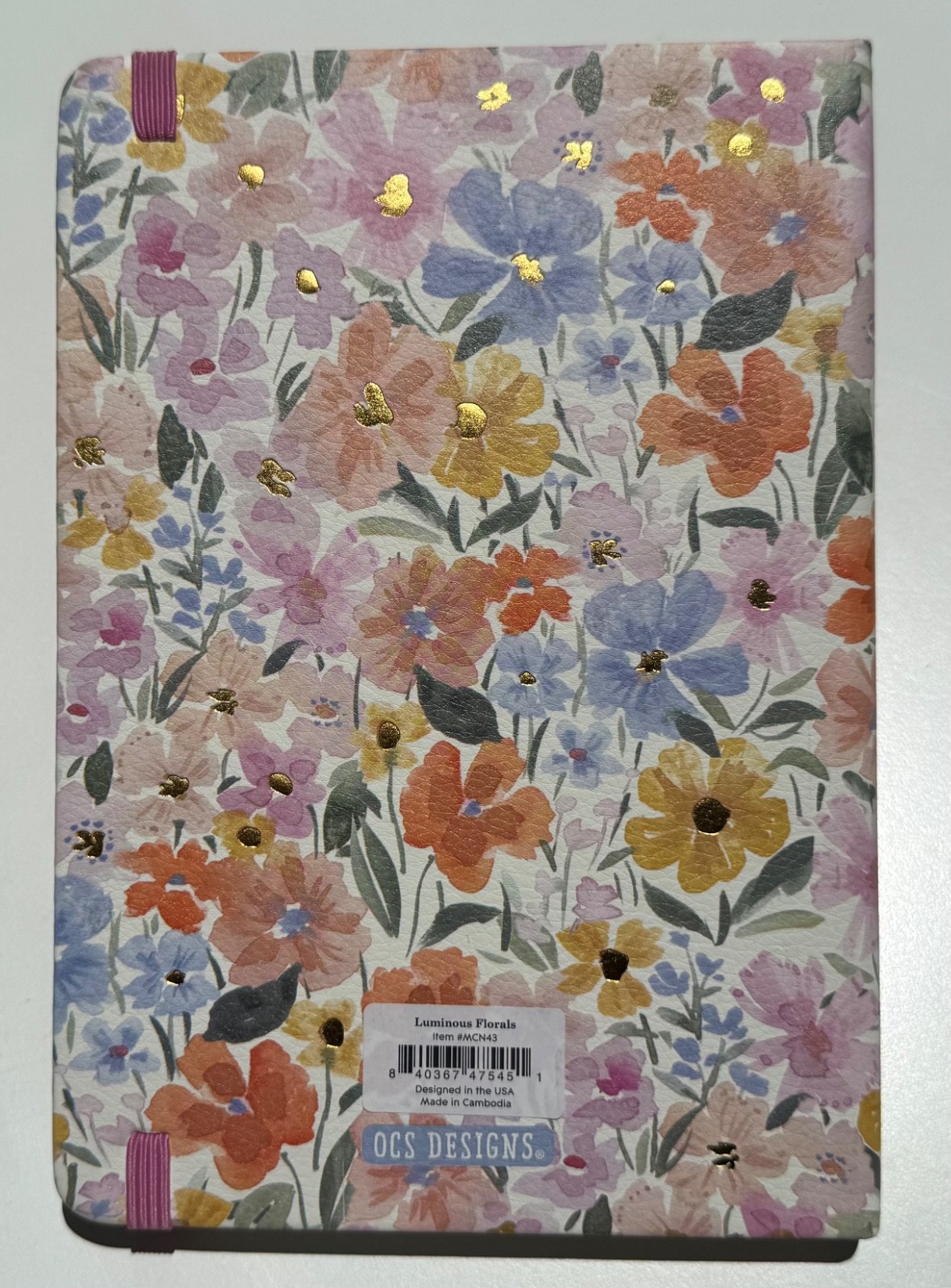 Soft Leatherette Pink Notebook Journal Golden Luminous Floral Elastic Closure