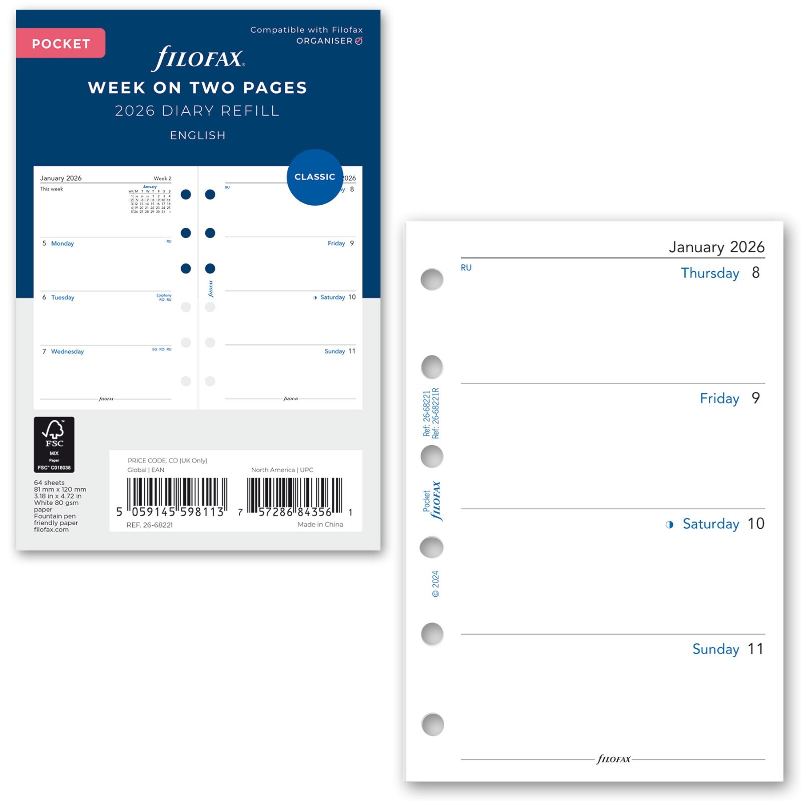 2026 Filofax Pocket Size Refill 26-68221, Week on Two Pages, 81mm x 120mm