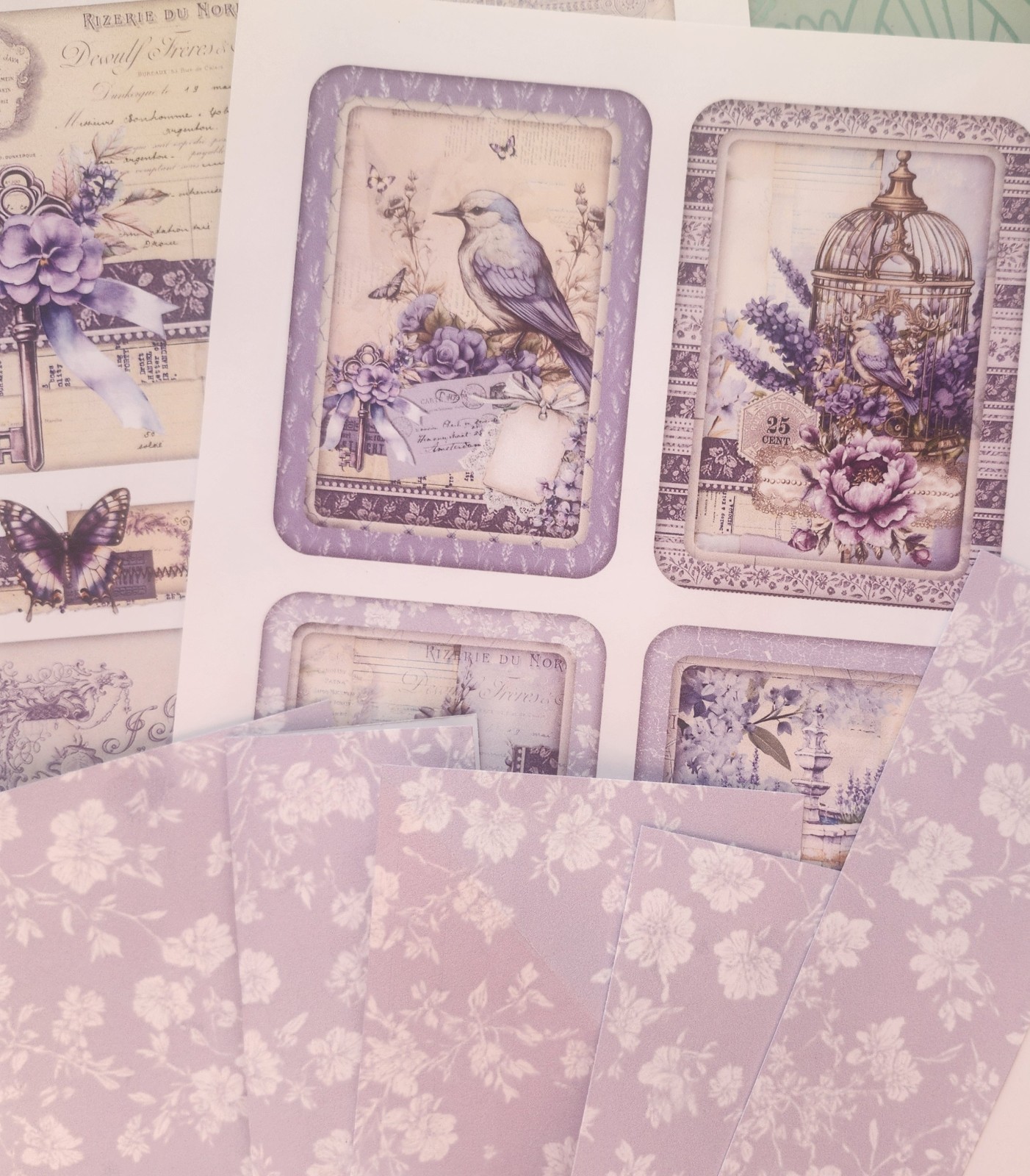 Junk Journal Booklet “LILAC & LAVENDER” HANDMADE Pockets, Cards, Tags, Ephemera
