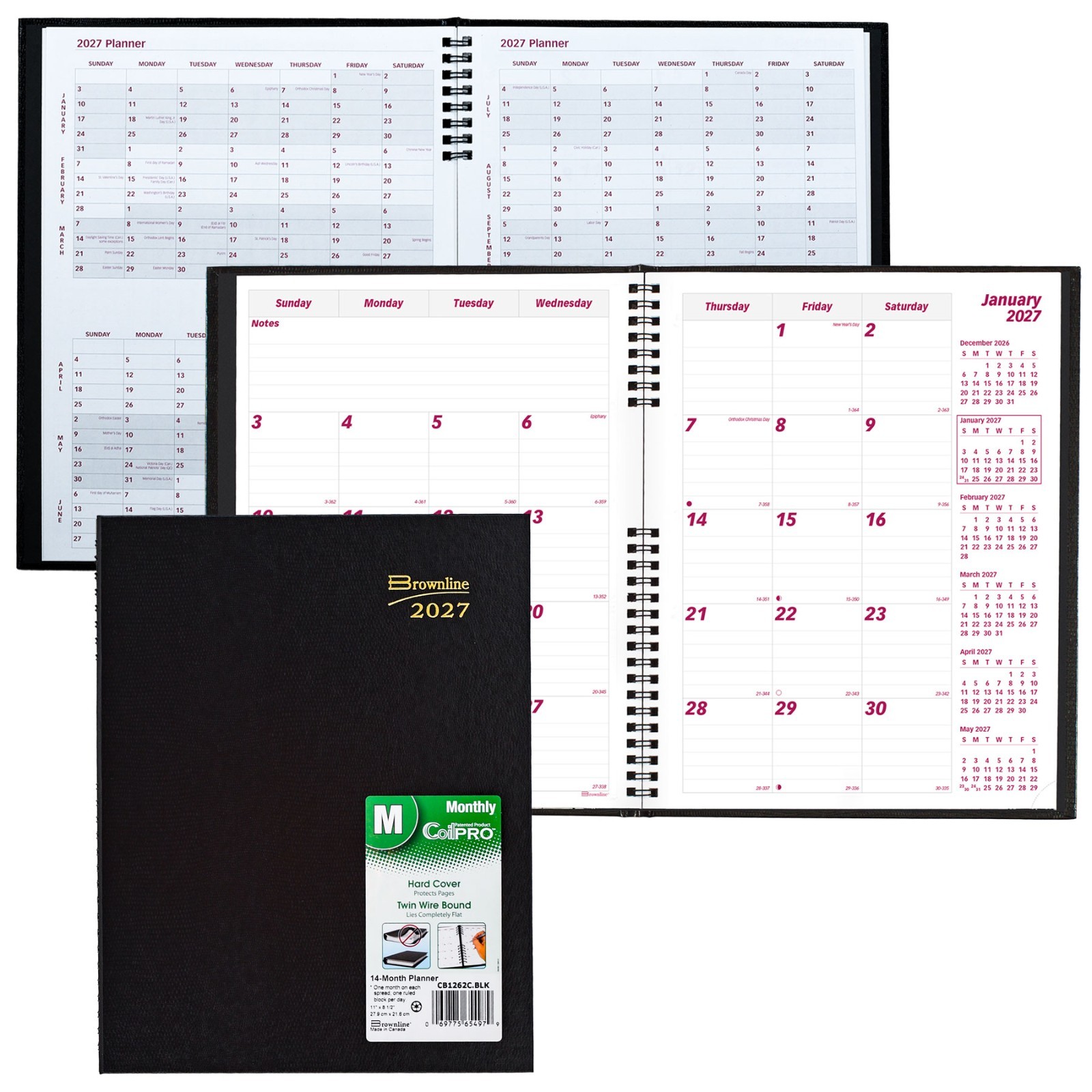 Brownline 2027 CB1262C.BLK Monthly Planner, CoilPRO, Hard Cover, 8-1/2 x 11″