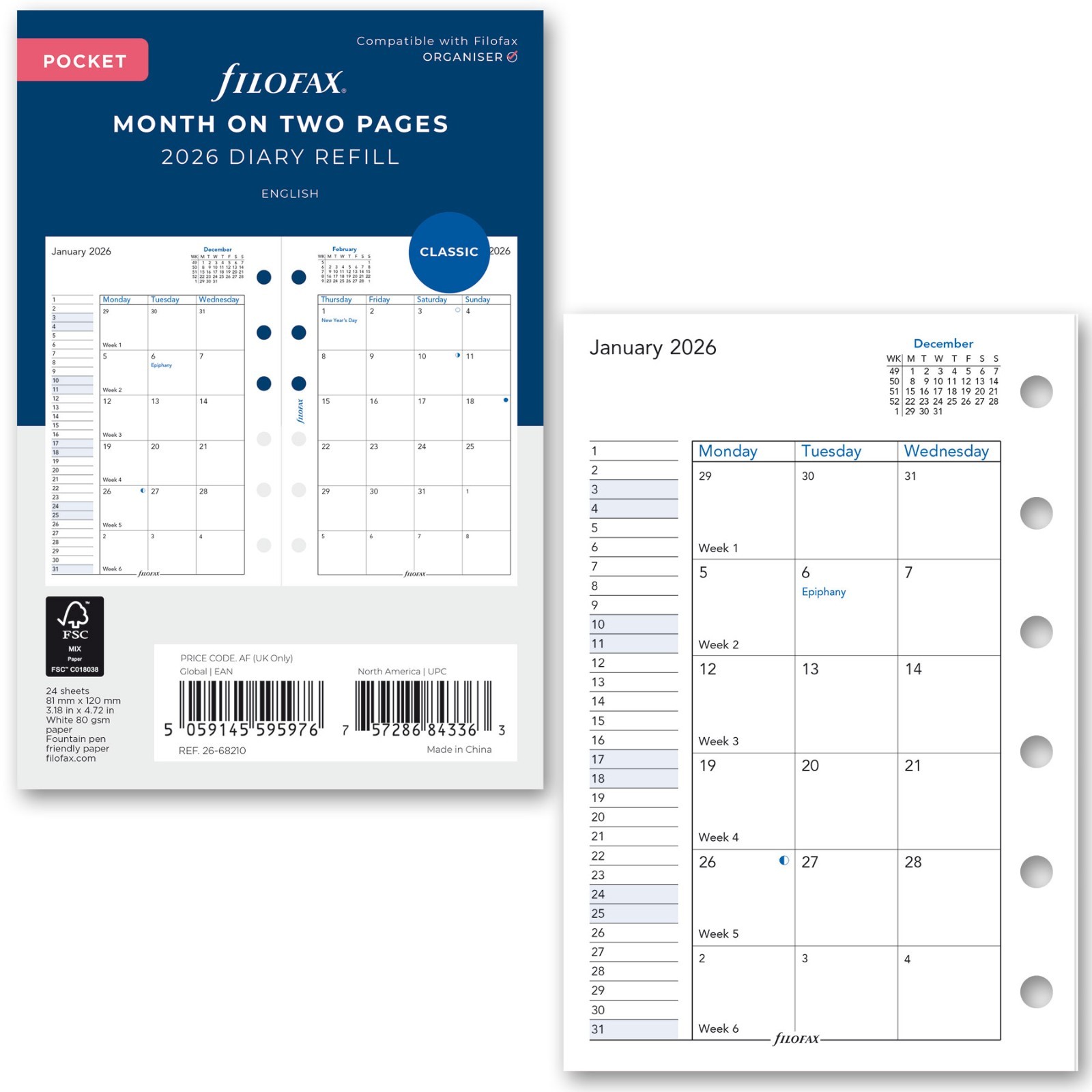 2026 Filofax Pocket Size Refill 26-68210 Month on Two Pages, 81mm x 120mm