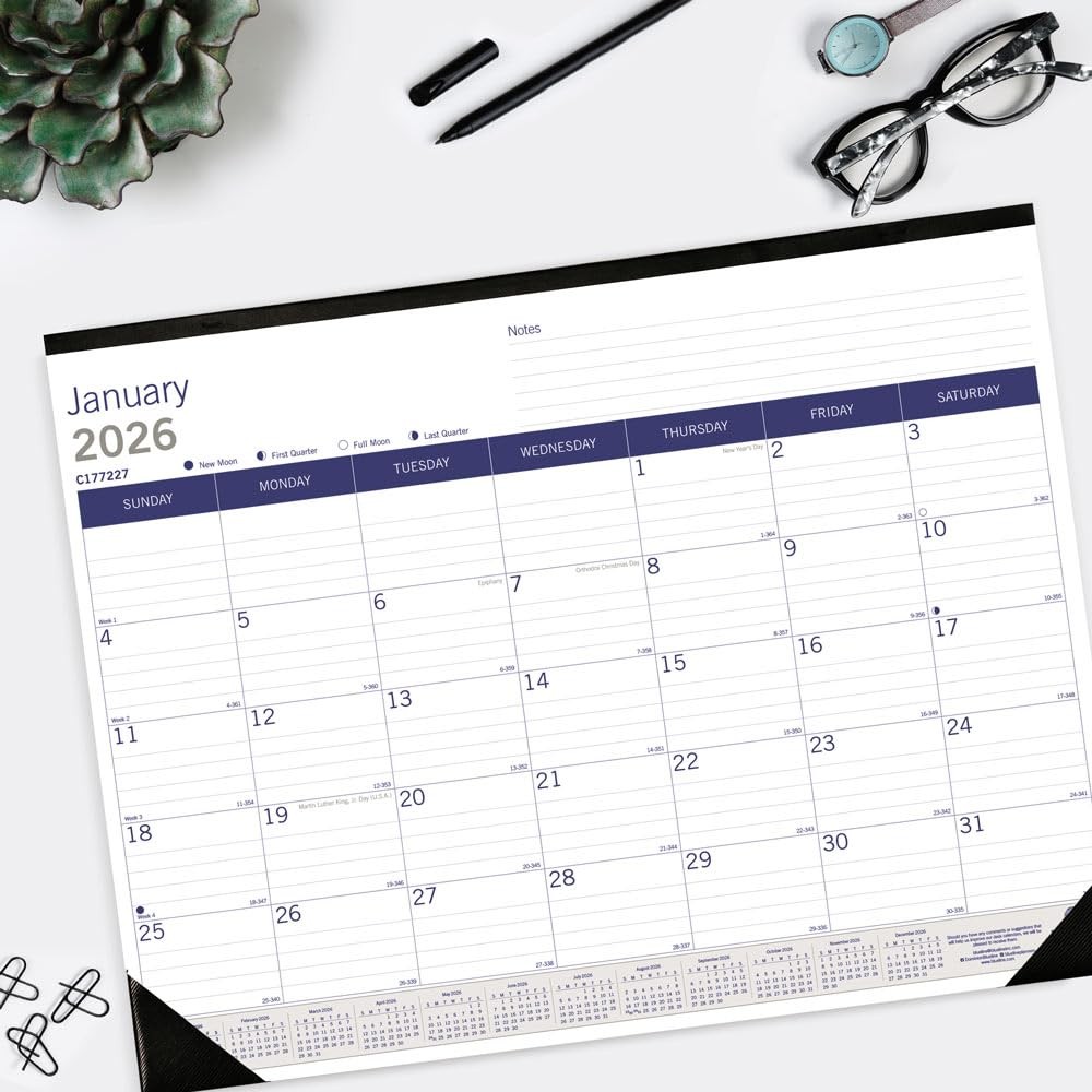 Blueline® 2026 DuraGlobe™ Monthly Desk Pad Calendar, 22″W x 17″H, Blue/White