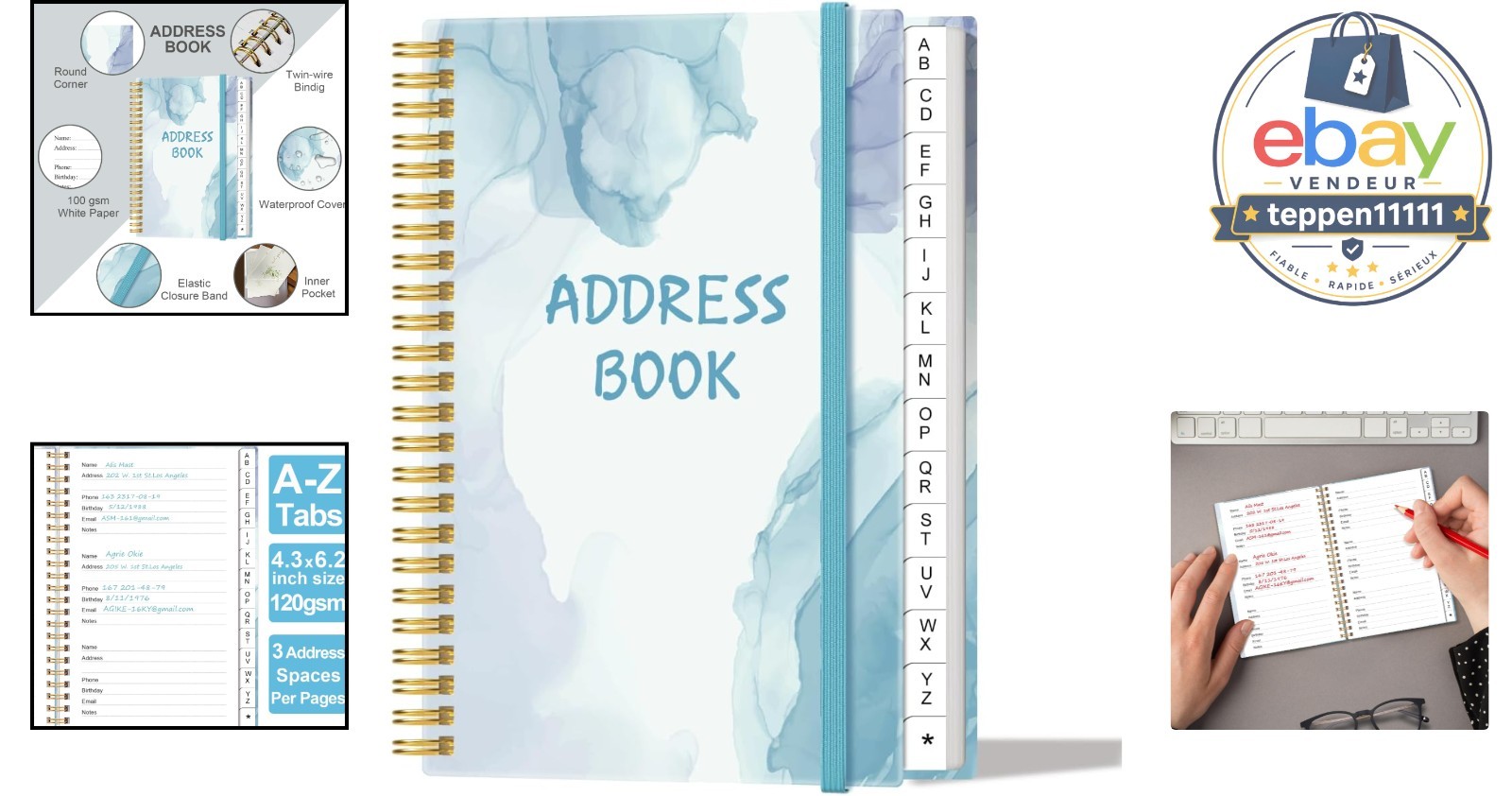 Book with Tabs, Spiral Contacts, Dates, Phone, Password, 4.3″ x 6.2″, Blue