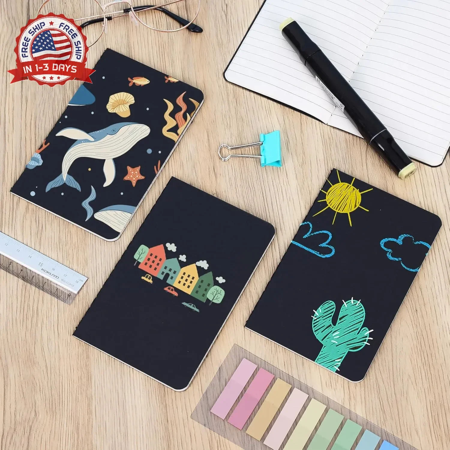 LABUK 12pcs Pocket Notebook 3.5 x 5.5in, Lined Small Notebooks, Black Softcover