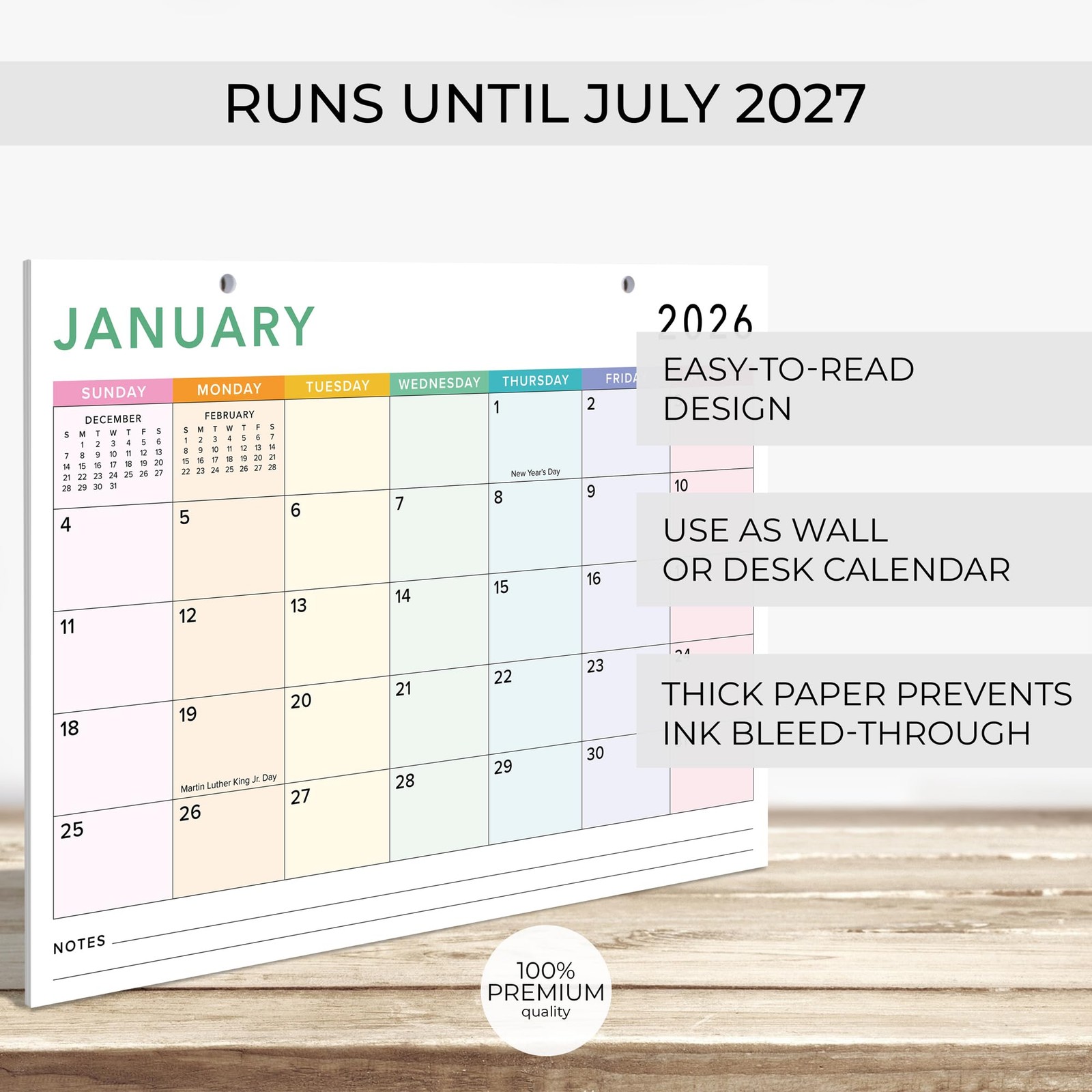 Colorful 2026 Desk Calendar January 2026 to July 2027 Planner