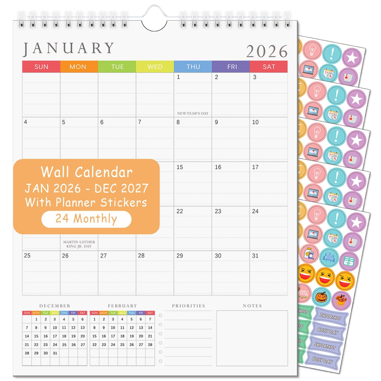 2026 Wall Calendar, 24 Monthly JAN 2026 – DEC 2027, white