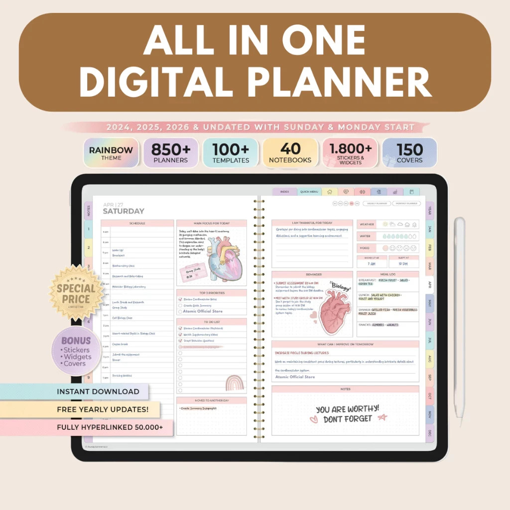 🔥FAST🔥 All In One Digital Planner 2026 and Undated | Daily Weekly Monthly Plan