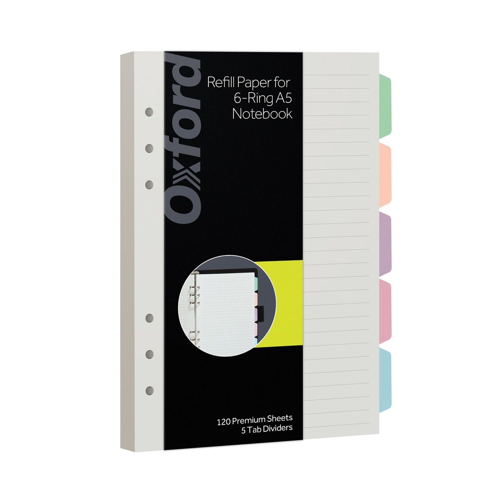 Oxford A5 Refill Paper, 6 Ring Lined Paper with Pastel Binder Dividers, 5 Tabs..