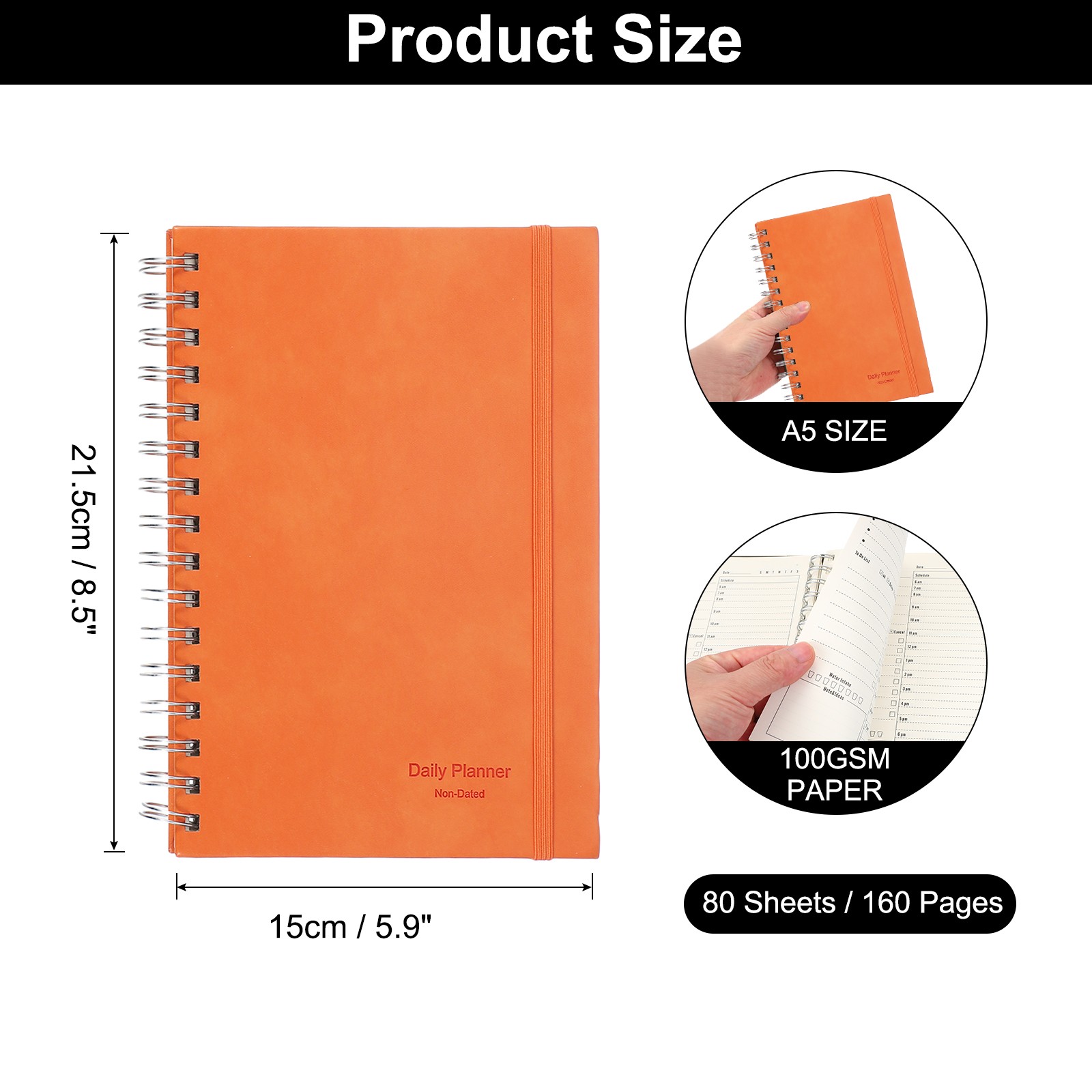 A5 5.5″x 8.5″ Undated Daily Planner with Hourly Schedule Inner Pocket, Orange