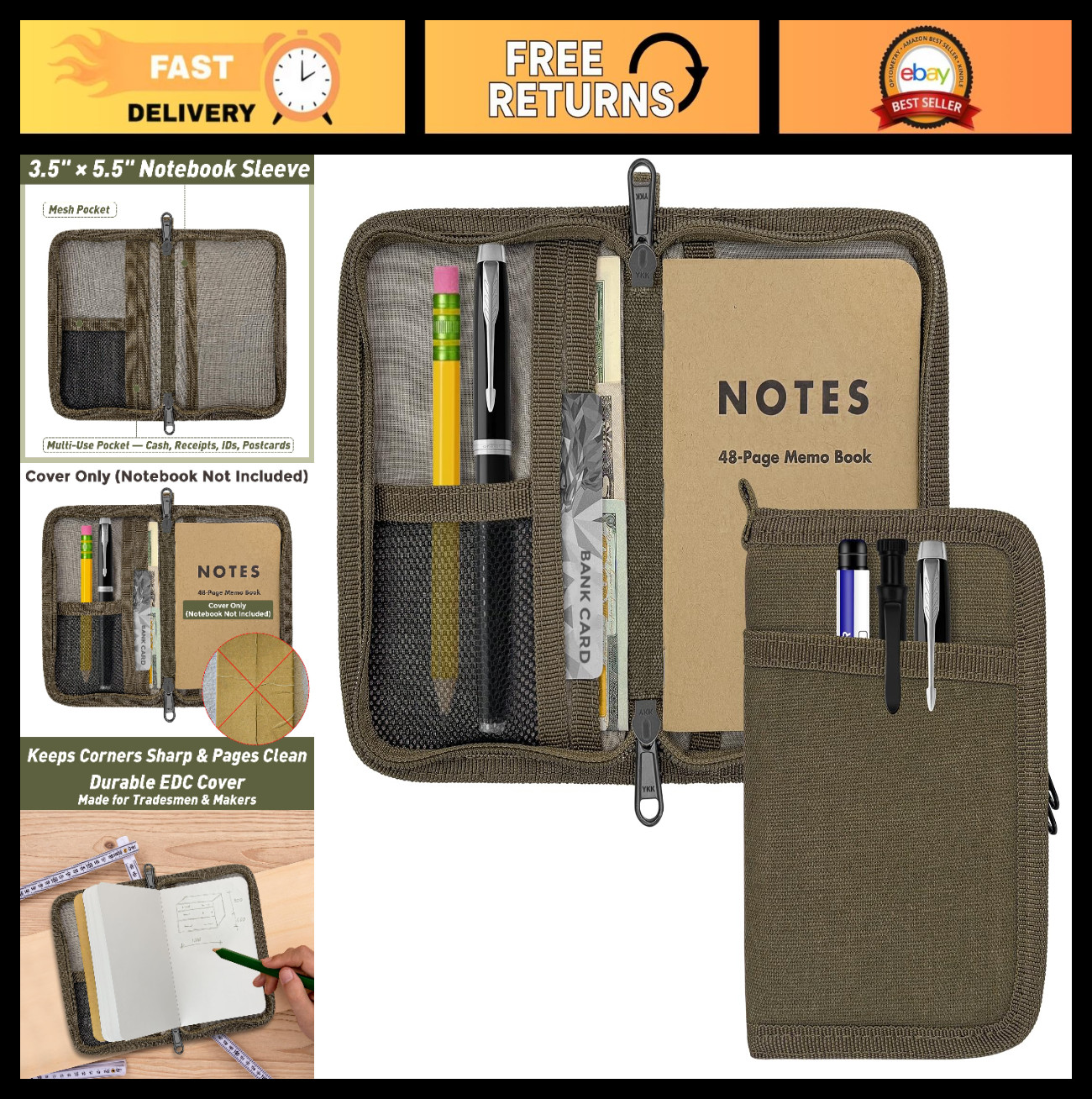 Waxed Canvas Journal Cover for Field Notes & Moleskine, YKK Zipper, 3.5″x5.5″, W