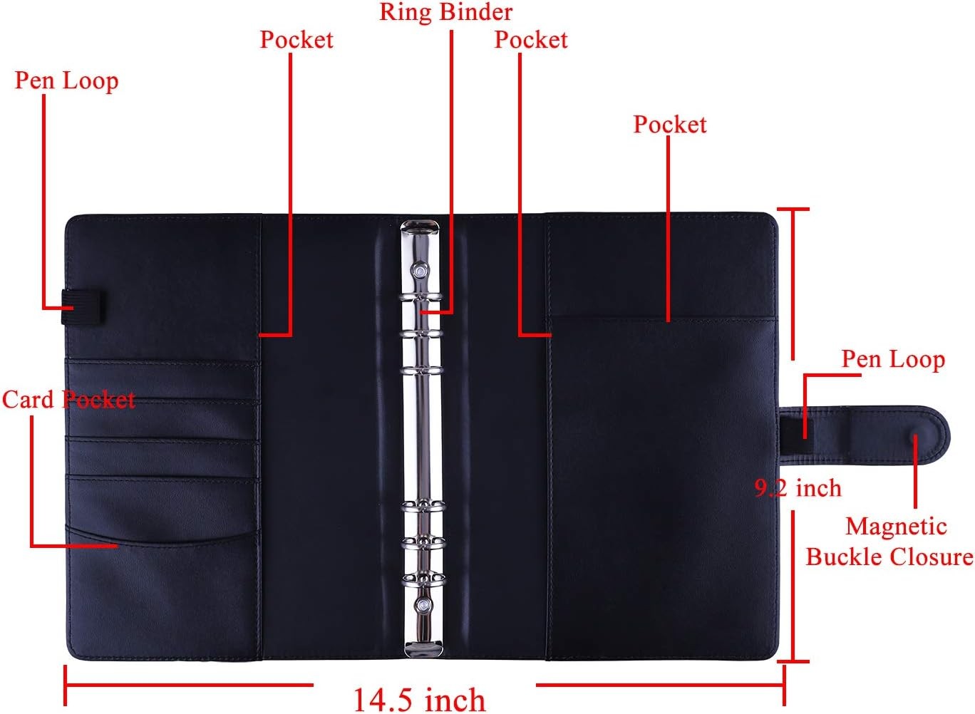 Antner A5 Binder 6 Ring Refillable Notebook Planner Cover for Black