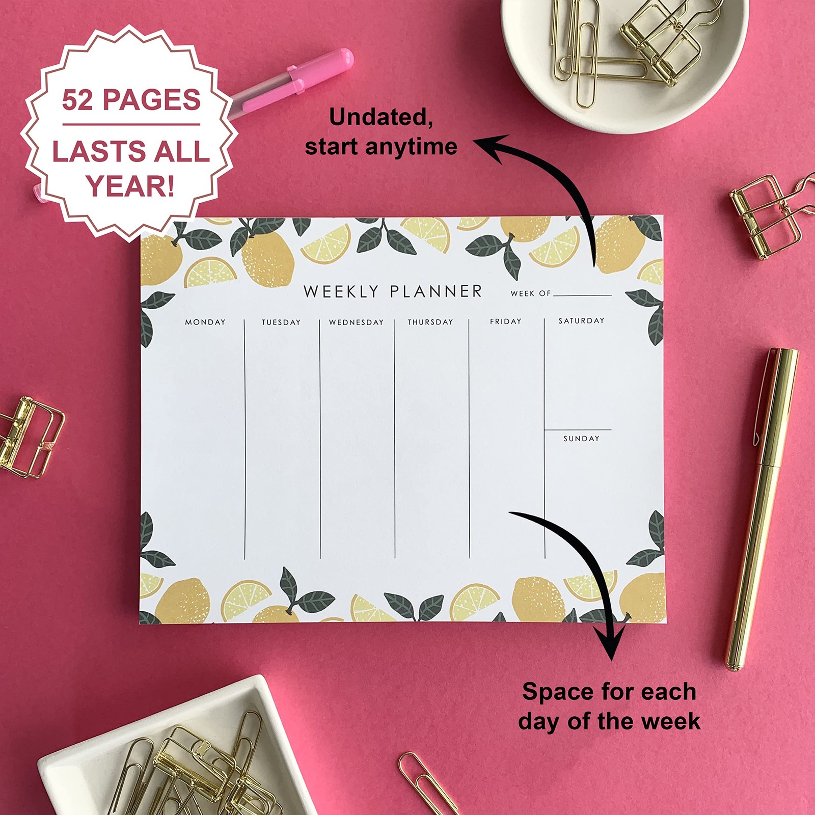 Weekly Planner Notepad – 9×7” inches, 52 tear off sheets 7 in. x 9 in., Lemon