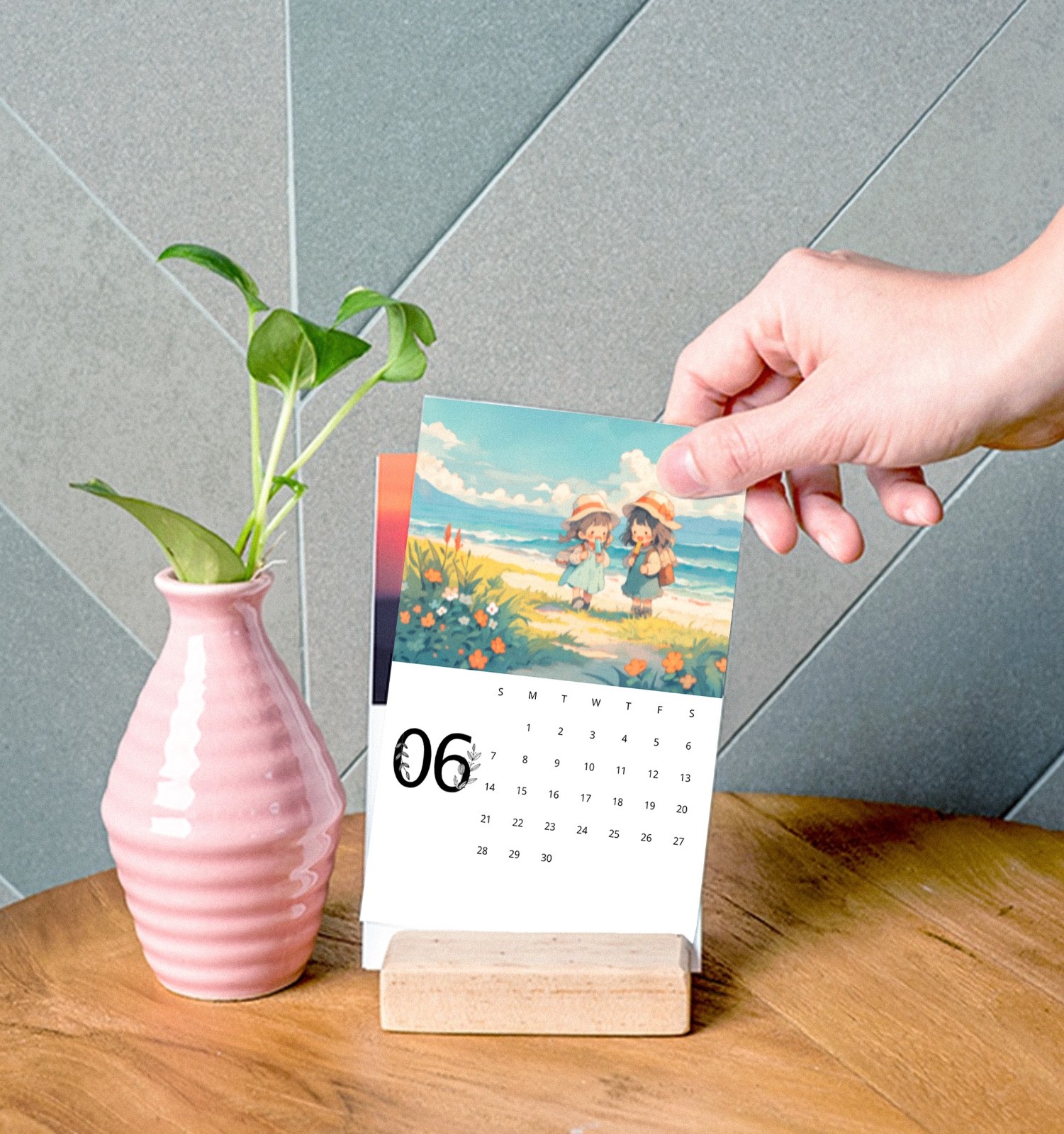 Kawaii Nature Scenes 2026 Desk Calendar, Vertical Calendar with Wood Stand 4″x6